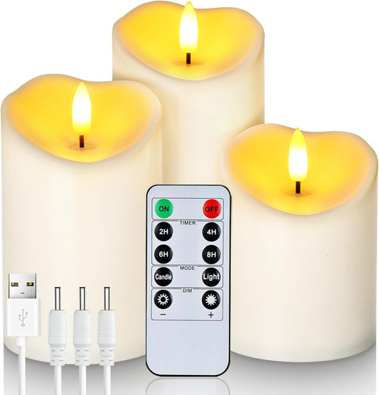 Homemory Rechargeable Flameless Candles, LED Candles, Battery Operated Candles with Remote and Timers, Outdoor Waterproof, Long Lasting, Set of 3