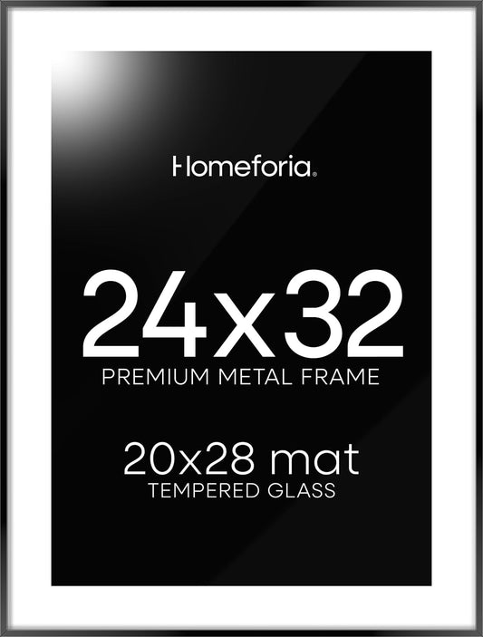 Homeforia 24x32 Poster Frame Black, High End Metal 24 x 32 Large Picture Frames with Mat 20 x 28 for Photo, 24x32 Thin Frame Matted to 20x28 inch Print, 32x24 Frame, Tempered Glass, Wall Kit, Set of 1