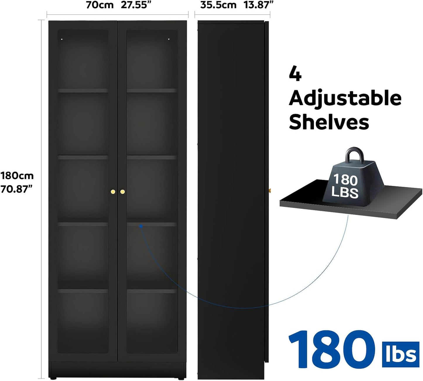 5 Tier Metal Curio Cabinets, Modern Bookshelf Cabinet with 4 Adjustable Shelves, Cabinet Display Case for Home Office, Living Room, Pantry (Black-27.5W)