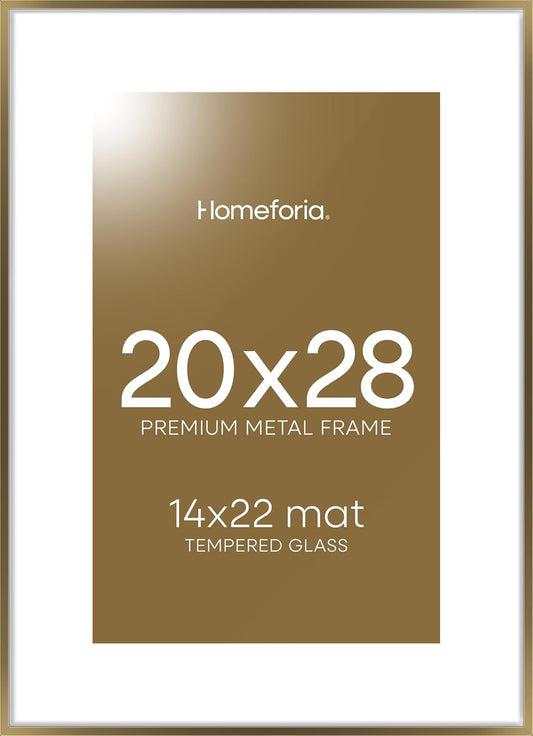 Homeforia Picture 20x28 Bronze Frame, High End Metal 20 x 28 Brass Poster Frames with Mat 14 x 22 for Photo, 20x28 Frame Matted to 14x22 Print, 28x20 Hanging Frames, Tempered Glass, Wall Kit, Set of 1