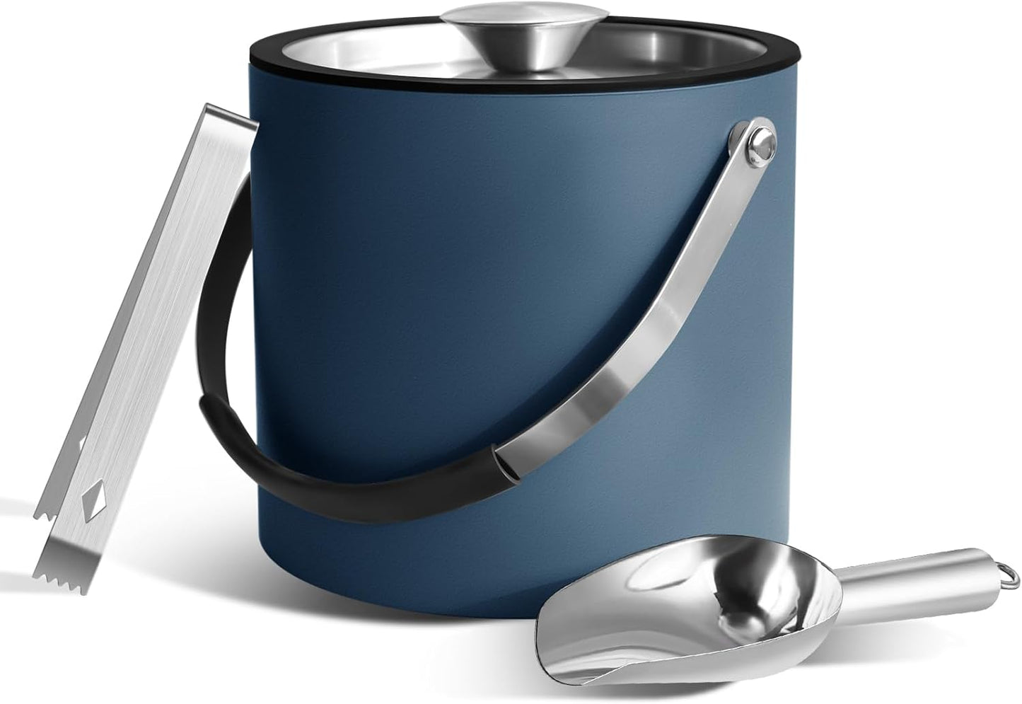 3L Ice Bucket with Silicone Lid, Scoop, Tongs & Strainer, Stainless Steel Double Wall Insulated Ice Buckets for Parties & Cocktail Bar, Outdoor Champagne Ice Container Bin, Navy