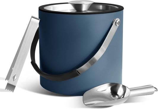 3L Ice Bucket with Silicone Lid, Scoop, Tongs & Strainer, Stainless Steel Double Wall Insulated Ice Buckets for Parties & Cocktail Bar, Outdoor Champagne Ice Container Bin, Navy