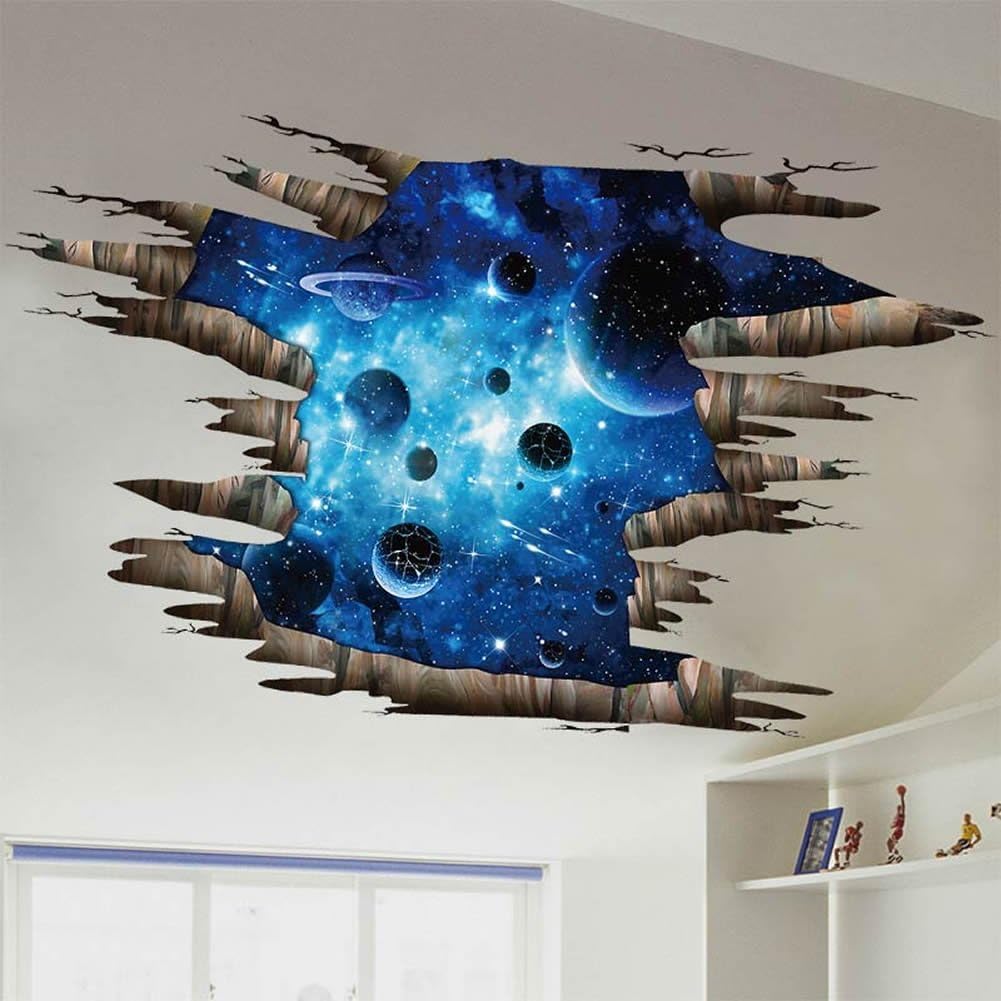 3D Space Floor Sticker,Blue Galaxy Wall Decal-Removable Mural for Kids Bedroom Living Room Milky Way Decorations