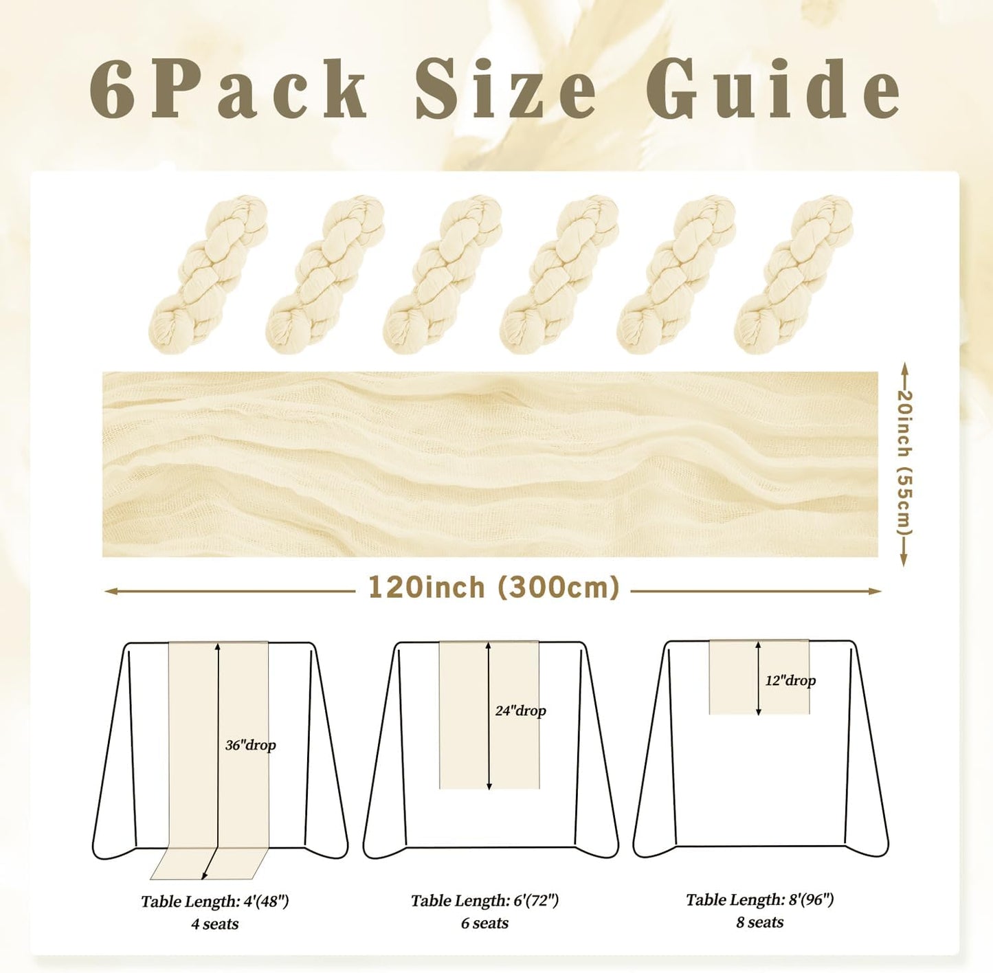 10FT 6 Pack Beige Cheesecloth Table Runner 20 x 120 Inch Long Rustic Gauze Fabric Cheese Cloth Table Runner for Wedding Bridal Baby Shower Table Decorations Boho Sheer Birthday Party Table Decor