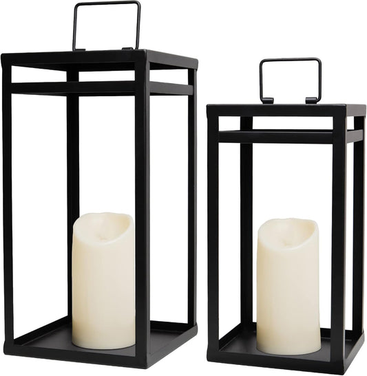 HPC Decor Black Metal Candle Lanterns Set of 2- Lanterns Decorative w/ LED Timer Candles- 15.8'' & 12.6'' Chunky Modern Farmhouse Lantern Decor for Indoor,Outdoor,Fireplace,Porch (No Glass)