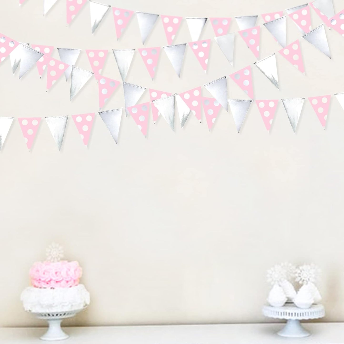 30 Ft Silver Pink Polka Dot Pennant Banner Blush Paper Circle Dot Triangle Flags Bunting Garland for Baby Shower Bridal Shower Wedding Bachelorette Christmas Holiday Girls Birthday Party Decorations