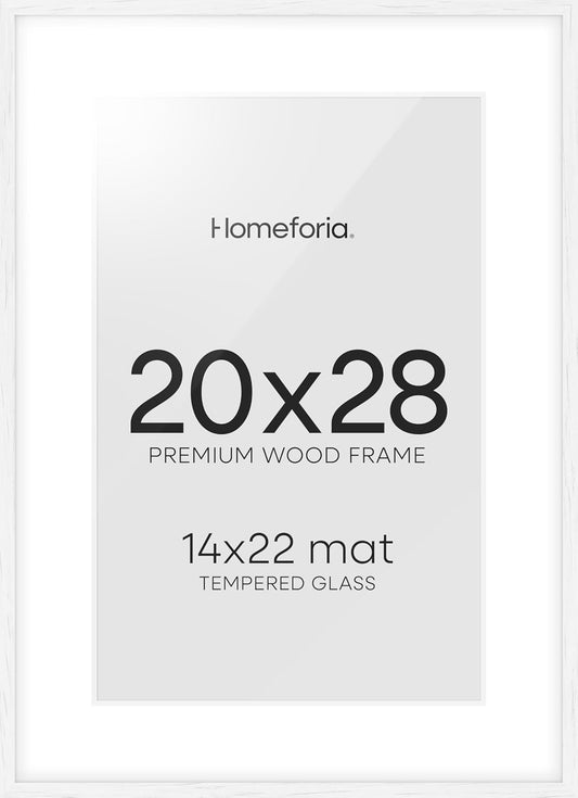 Homeforia 20x28 Picture Frame White, High End Oak 20 x 28 White Wood Poster Frames with Mat 14 by 22 Photo, 20x28 Wooden Frame Matted to 14x22, 28x20 Hanging Frames, Tempered Glass, Wall Kit, Set of 1