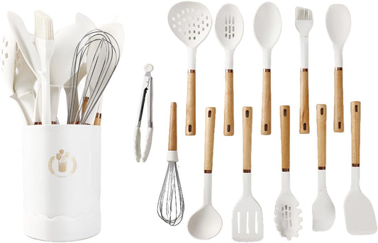 13-Piece silicone utensil set wood handle nonstick cookware safe dishwasher safe kitchen tools BPA free heat resistant (450°F/230°C) ceramic pan safe cooking gifts housewarming (White)