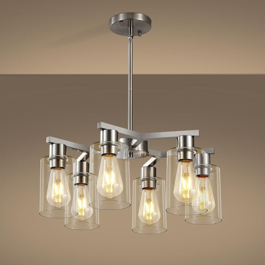 6-Light Farmhouse Brushed Nickel Chandelier,Modern Chandeliers for Dining Room Light Fixture Over Table,Adjustable Hanging Industrial Rustic Pendant Lights Kitchen Island Light with Clear Glass Shade