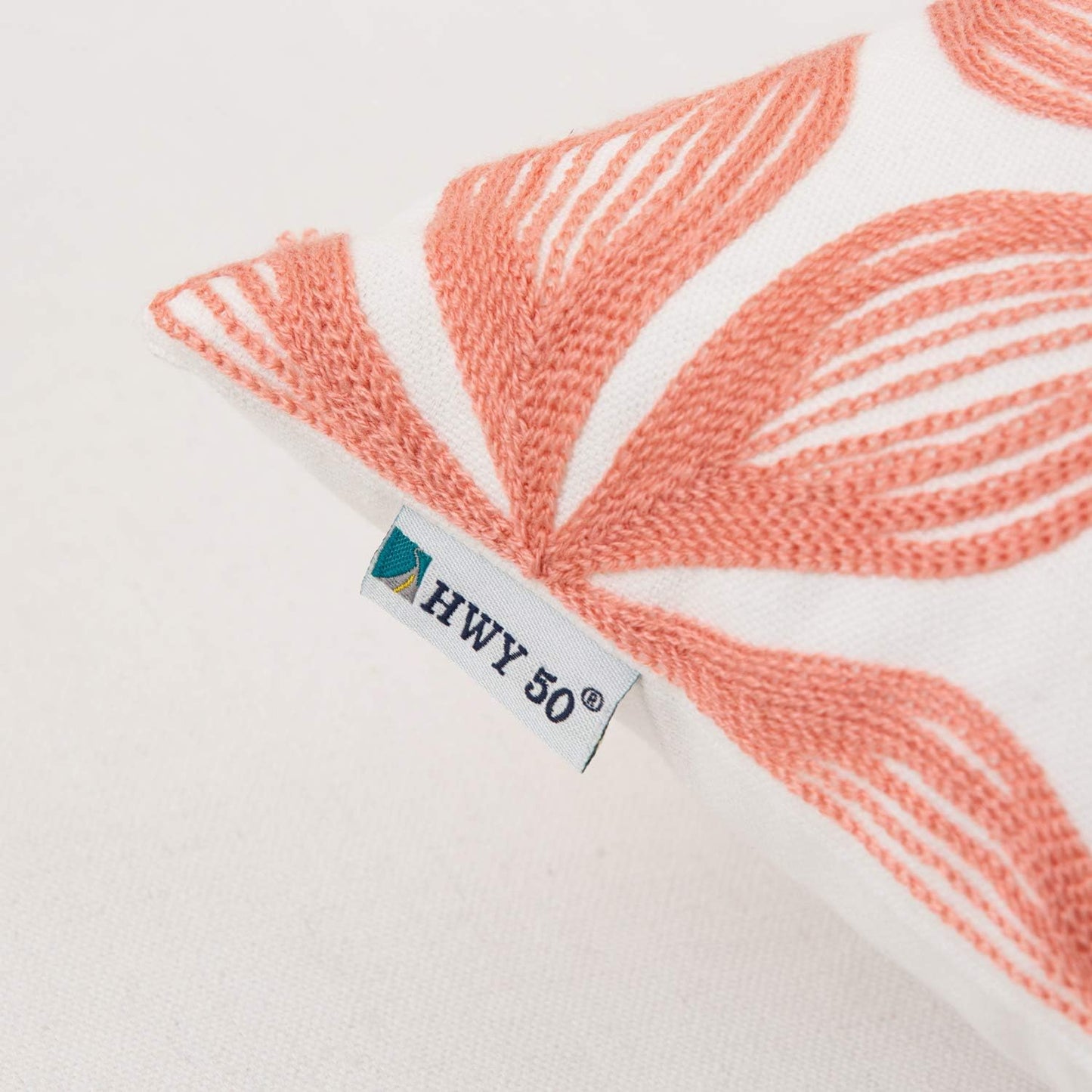 HWY 50 Coral Pink Decorative Throw Pillow Covers 18x18 Inch (1 Piece), Embroidered Cotton Farmhouse Cushion Cover Pillow Case for Sofa Couch Living Room Bed, Fashion Geometric