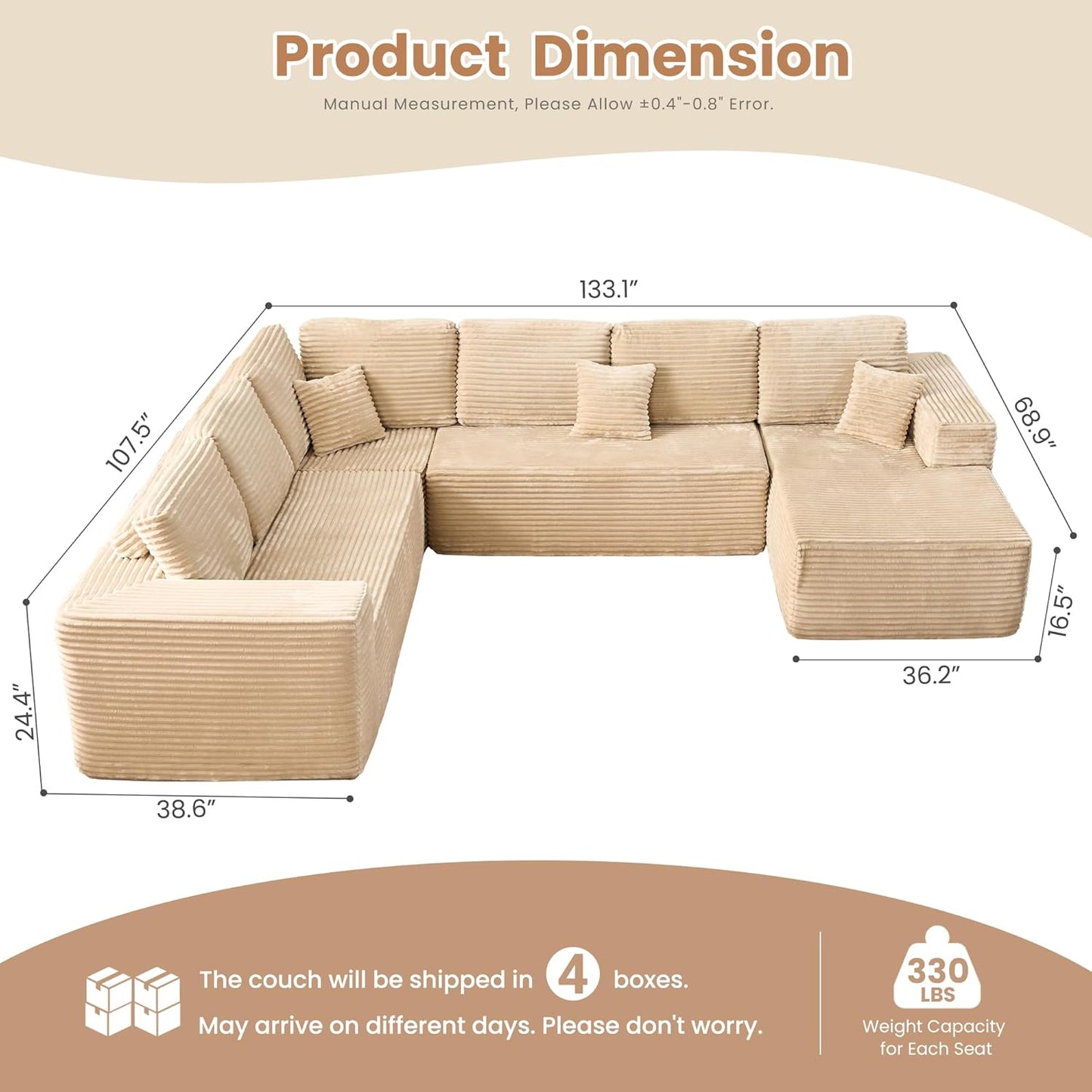 HOOOWOOO Cloud Sectional Couches for Living Room,Modular Sectional Sofa No Assembly,133X108 Inch Plush Corduroy Large U Shaped Floor Couch Set with Deep Seat Right Chaise(Beige)