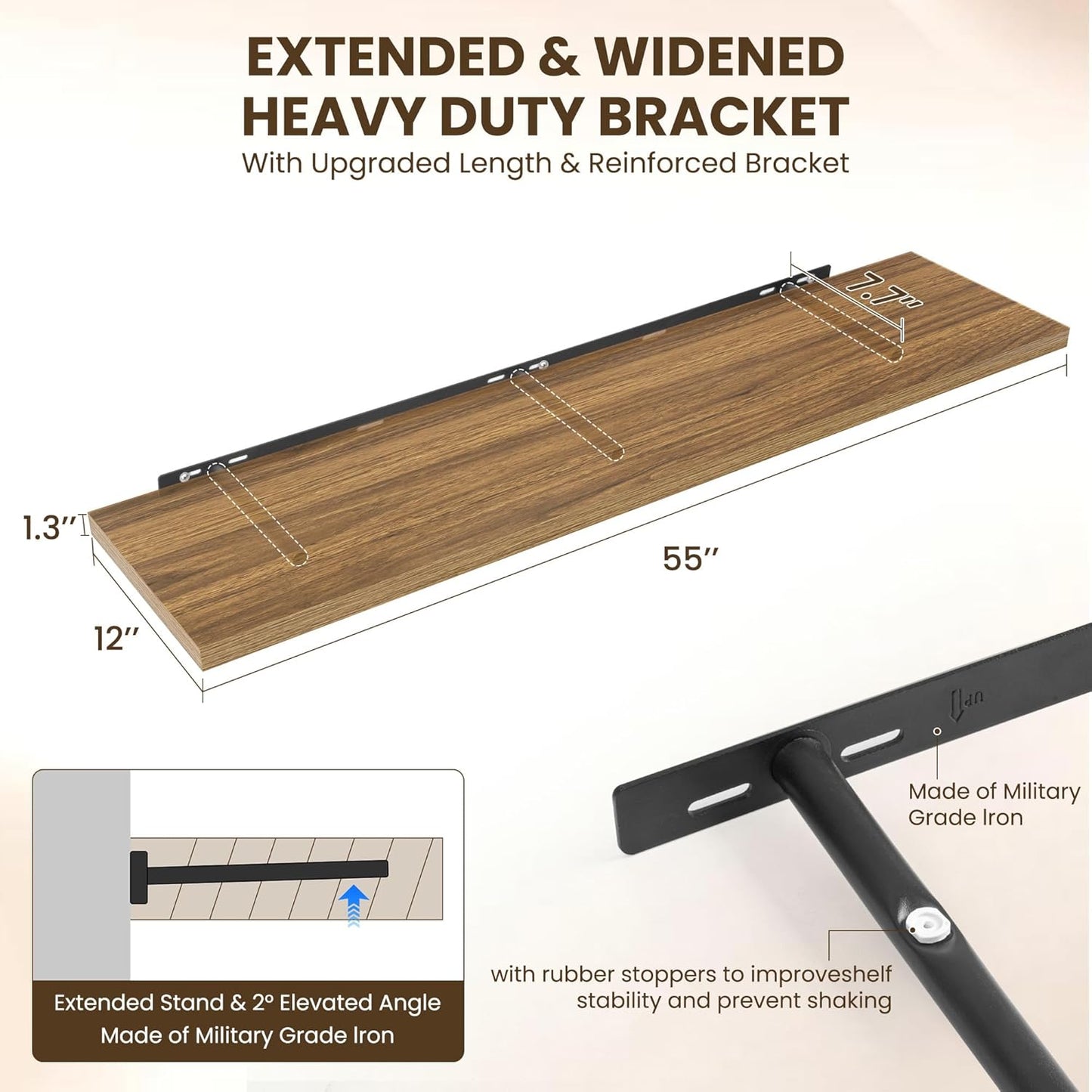 55" Floating Shelves for Wall, 12" Deep Slim Walnut Floating Shelves, Wall-Mounted Shelves for Bedroom, Living Room, Kitchen, Bathroom - Set of 2