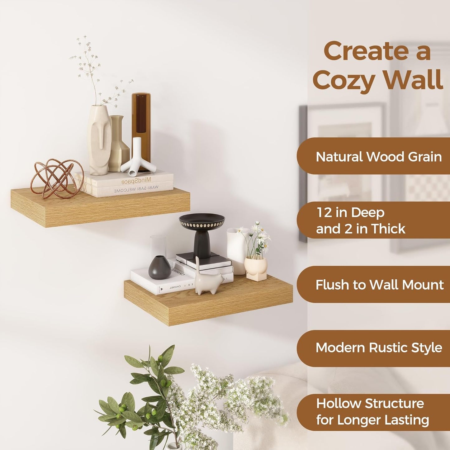 12 Inch Deep Floating Shelves, 16 x 12 Floating Shelf for Books, Rustic Wood Deep Wall Shelves for Home Storage & Display, 2" Thicked Shelves for Kitchen, Living Room, Bedroom, Oak Color, 2 Pack