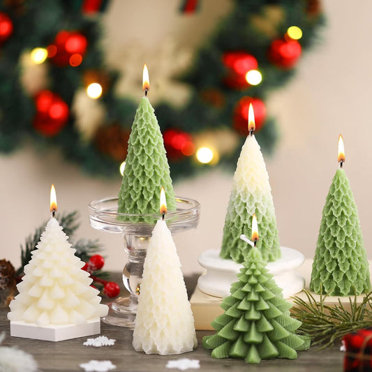 6 Pcs Christmas Tree Shaped Candles Xmas Wax Scented Candles White Green Decorative Christmas Tree Gifts for Xmas Eve Winter Holiday Party New Year Bedroom Room Table Decor, 3 Assorted Styles