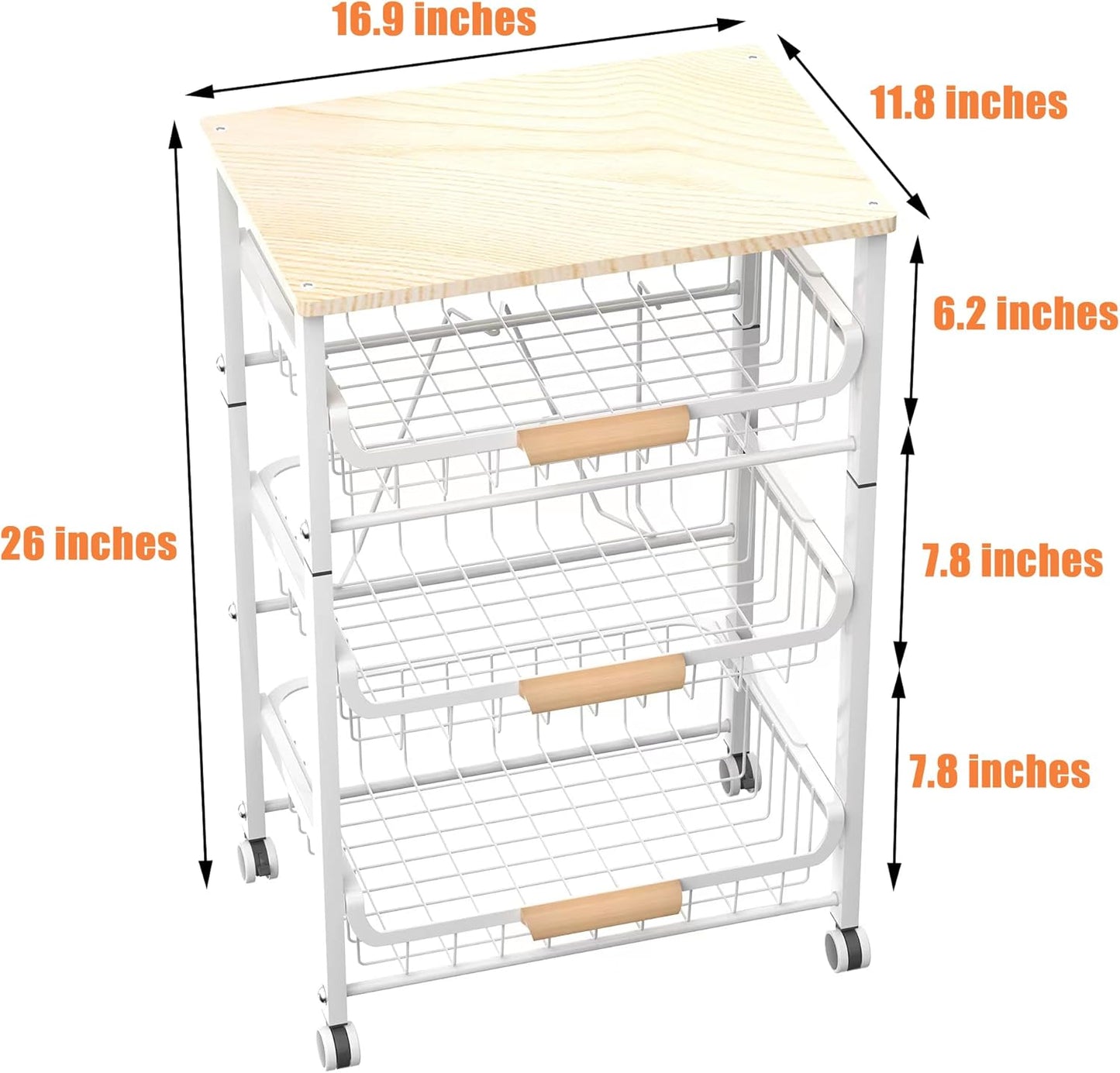 4-Layer Fruit Basket Kitchen Food Storage Organizer and Storage Rack, Stackable Storage cart with Desktop, Pull-Out Hollow Metal Storage Basket, liding Out Storage,White