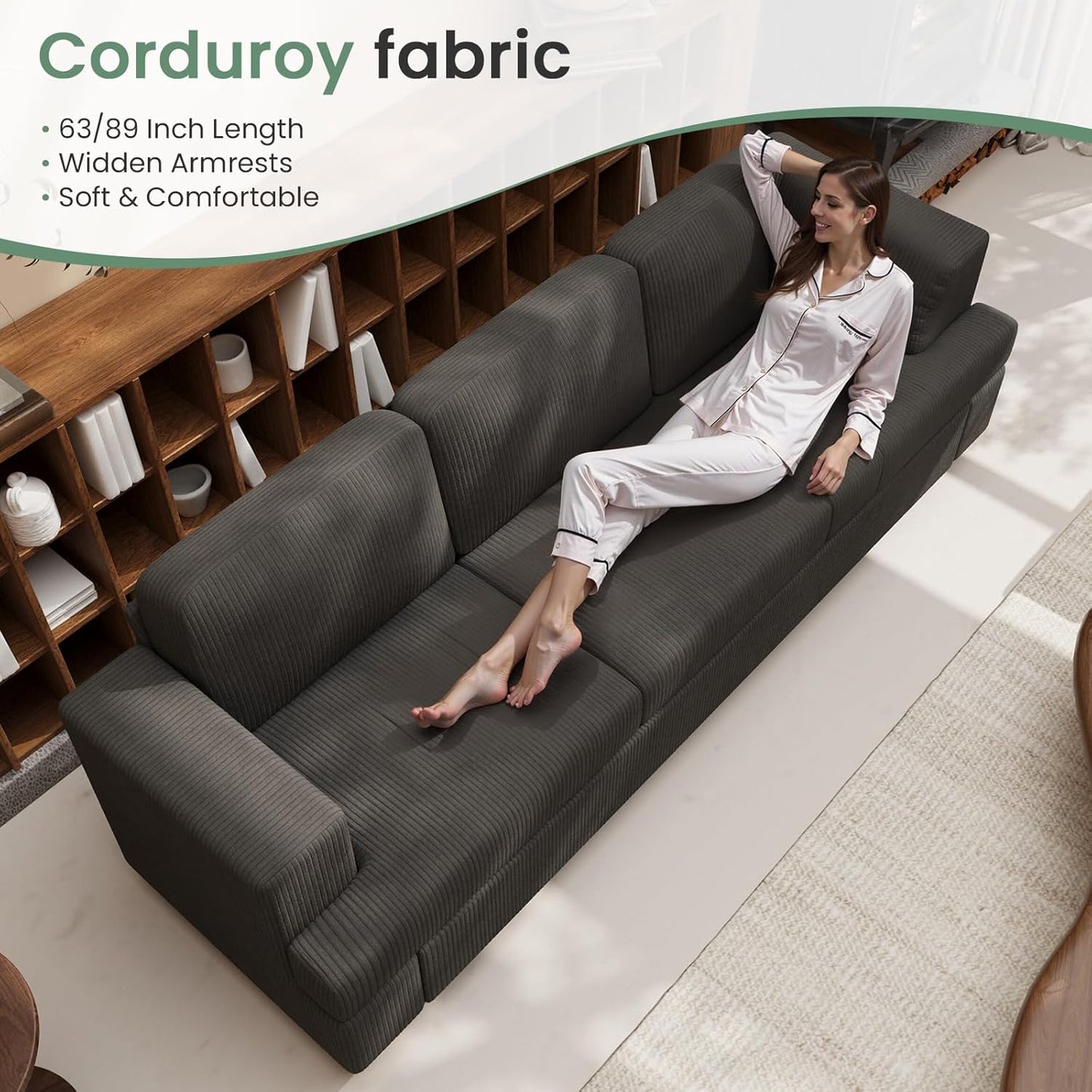 3 Seater Corduroy Couch for Living Room, 89” Black Cloud Sofa, Deep Seat Floor Couch for Bedroom, Futon Modern Sofa Sectional Bed, Black Corduroy