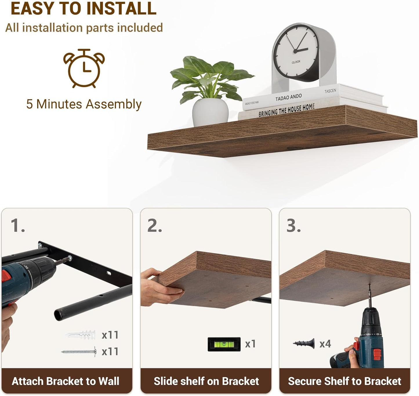 16 Inch Floating Shelves, 16"x9.25"x1.5" Inch Deep Floating Shelves for Wall, Wooden Shelves for Bathroom, Bedroom, Living Room, Brown