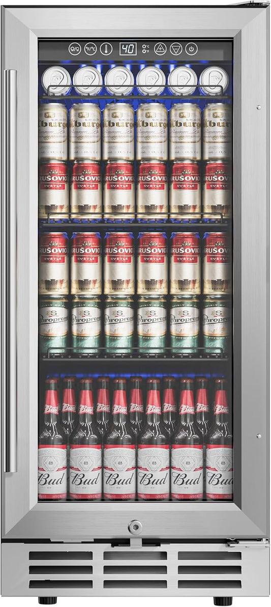 15'' Beverage Refrigerator Cooler - 126 Cans Under Counter Beverage Fridge with LED Light, Built-in Design, Wine Cooler for Home/Kitchen