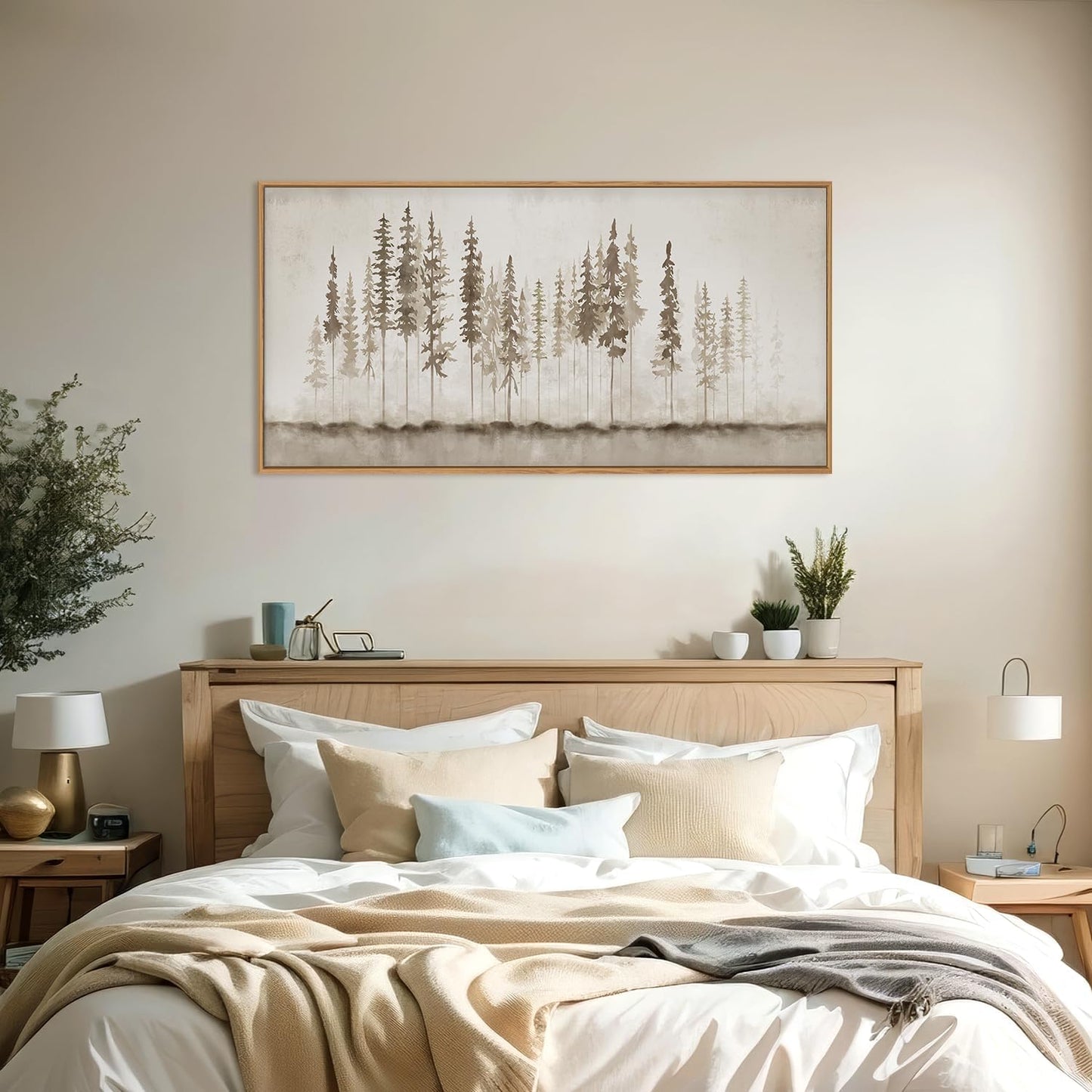 HPINUB Misty Forest Framed Canvas Wall Art Set, Foggy Pine Tree Wall Decor, Pastel Nature Landscape Wall Painting, Evergreen Coniferous Plant Art Print for Living Room, Bedroom, Office - 20"x40"