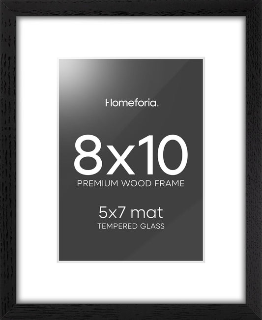Homeforia 8x10 Picture Frame Black Wood, High End Oak 8 x 10 Wooden Frames with Mat 5 by 7 Print, 8x10 Frame Matted to 5x7 inch Photo, 8by10 Wall or Tabletop Frames, Tempered Glass, Wall Kit, Set of 1