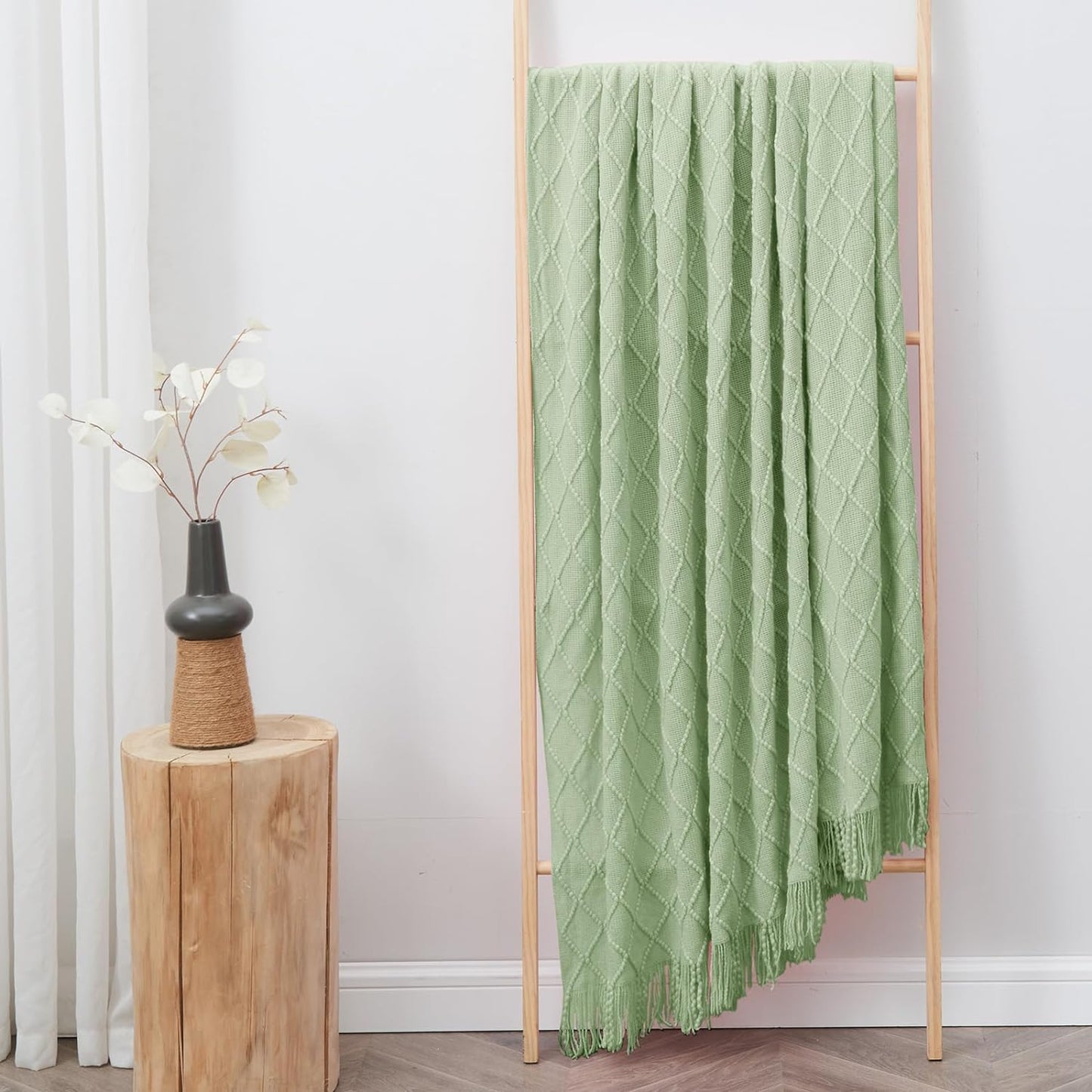 inhand Sage Green Throw Blanket for Couch, Soft Living Room Home Decor Knitted Blanket with Tassel, Outdoor Lightweight Breathable Summer Blanket, Farmhouse Warm Woven Decorative, 50"x60"