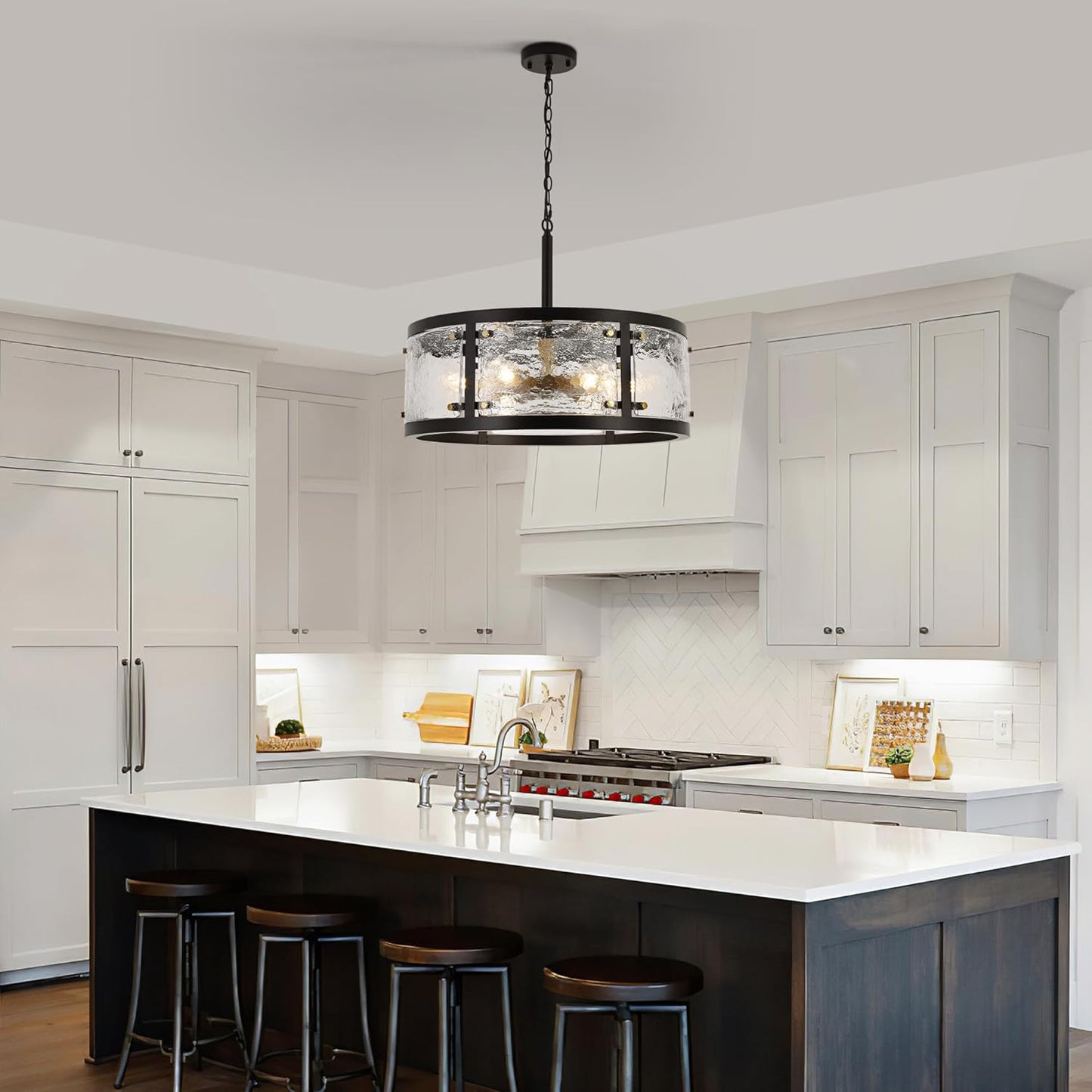 23.6" Large Farmhouse Drum Black Chandelier, 6-Light Vintage Round Glass Chandeliers for Dining Room, Industrial Light Fixture for Kitchen Living Room Stairwell, Clear Waterglass Drum Shade