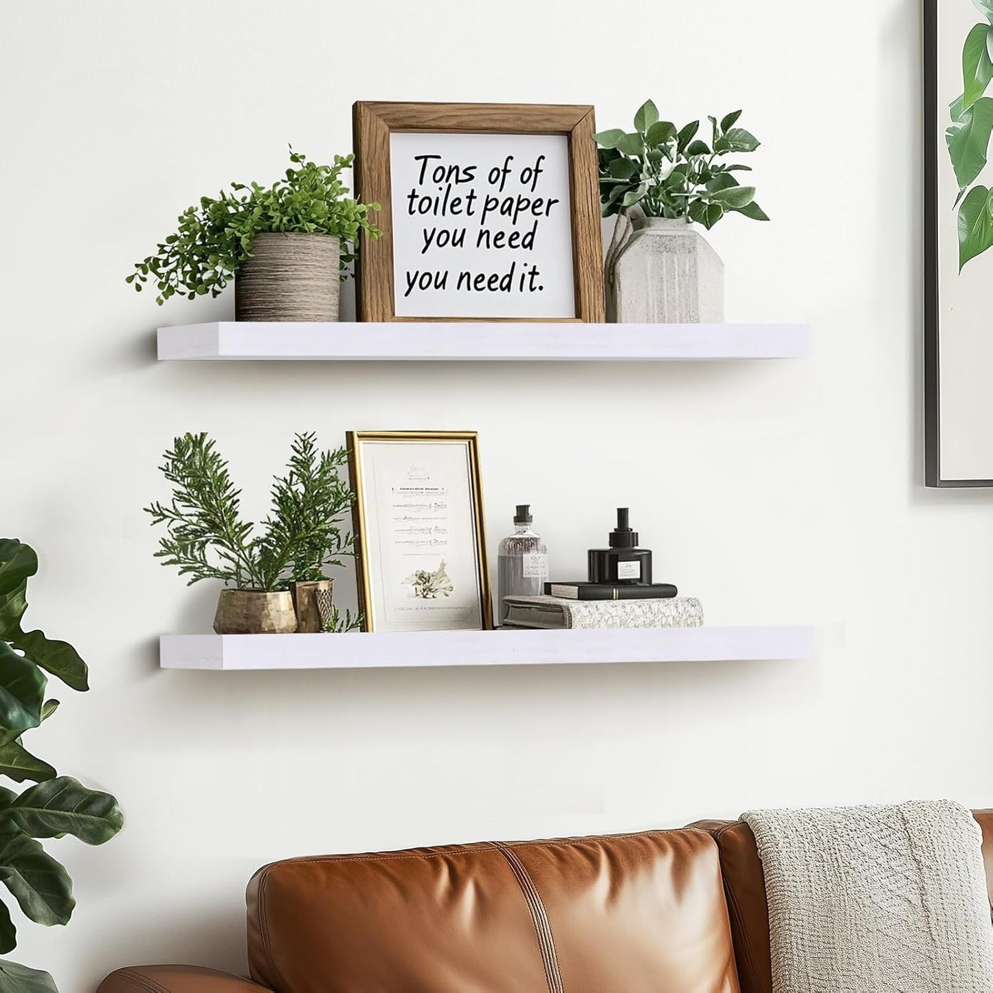 24"x6.8"x1.2" Solid Wood Floating Shelves 2-Pack - Rustic White Finish with Hidden Brackets, Perfect for Storage and Décor in Living Room, Kitchen, Bedroom