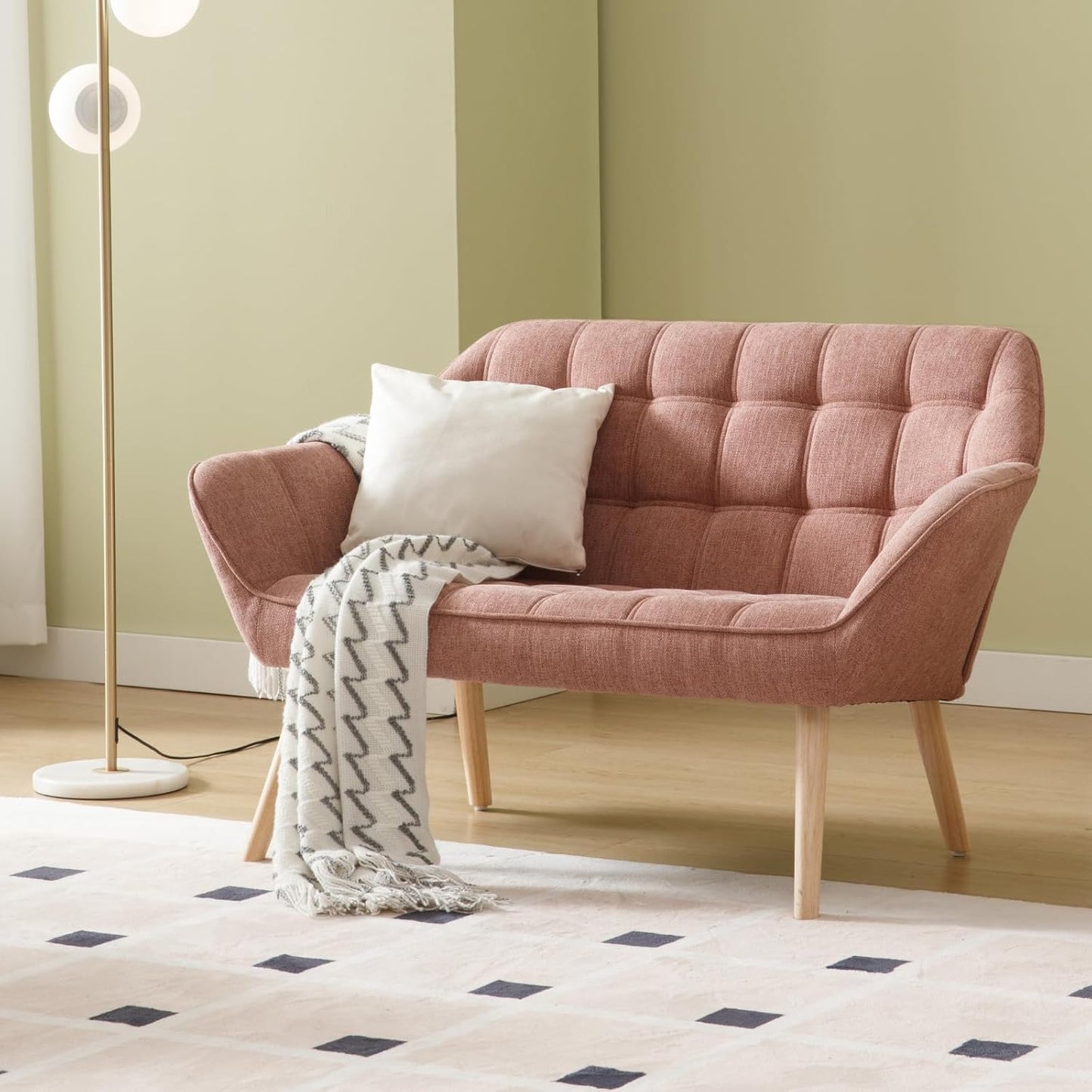 48" Small Loveseat Sofa, Modern Linen Fabric Mini Sofa Couch 2-Seater Love Seat with Quilting Backs and Wood Legs for Living Room, Bedroom and Small Space, Pink