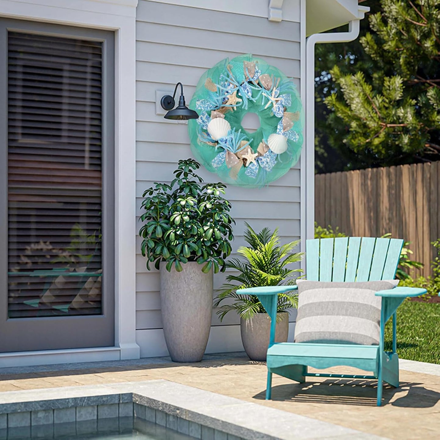 26 Inch Coastal Seashell Large Wreath with Natural Starfish & Scallops Shell, Lake Blue Beach Style Front Door Wreath with for Spring Summer, Farmhouse Rustic Indoor Outdoor Home Wall Wedding Decor