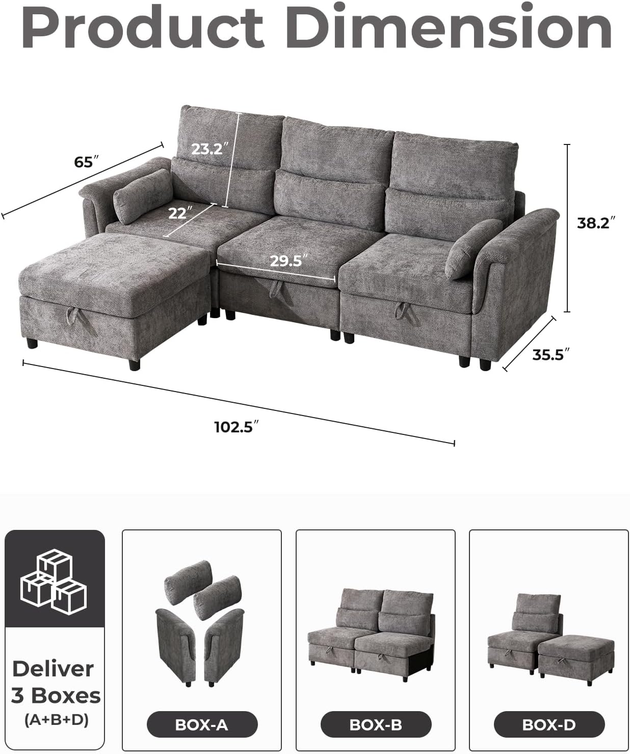 103'' Modular Sectional Sofa, L Shaped Comfy Cloud Couch with Storage,4-Seat Convertible Modern Deep Seat Sofa with Throw Pillows for Living Room, Grey