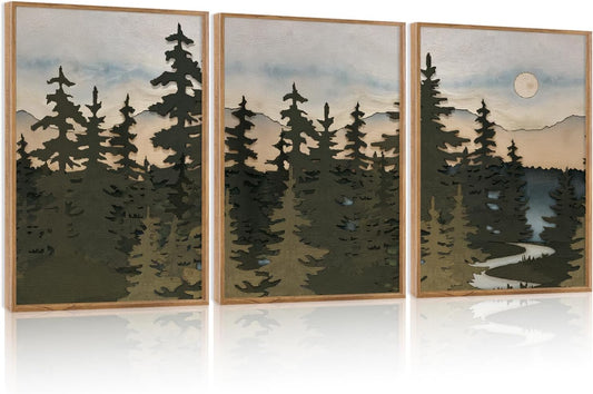 HPNIUB Vintage Mountain Framed Canvas Wall Art Set, Boho Sunrise Art Prints, Forest Nature Wilderness Art Paintings, Abstract Farmhouse Pine Tree Wall Decor for Living Room Bedroom, Office- 16"x24"x3