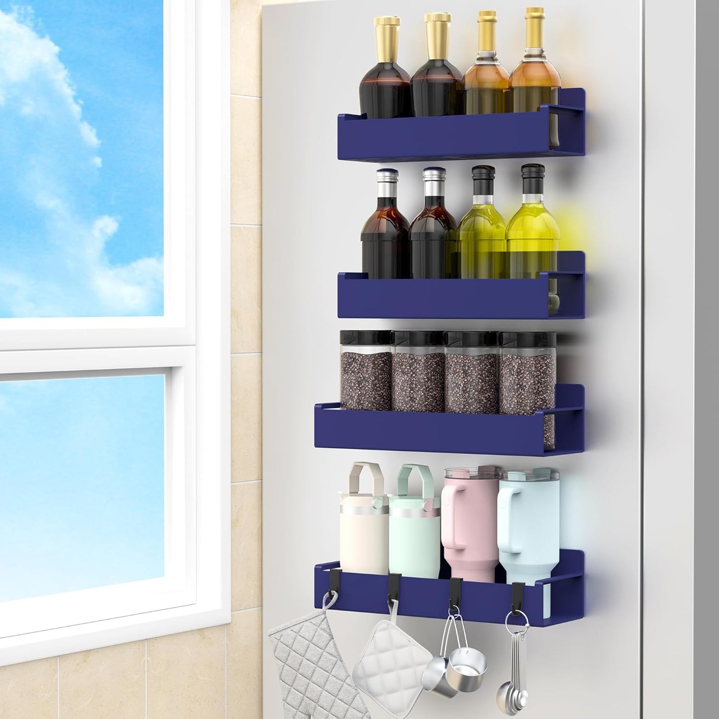4 Pack Magnetic Spice Rack Organizer for Refrigerator and Oven, Dark Blue Fridge Organizers and Storage for Kitchen