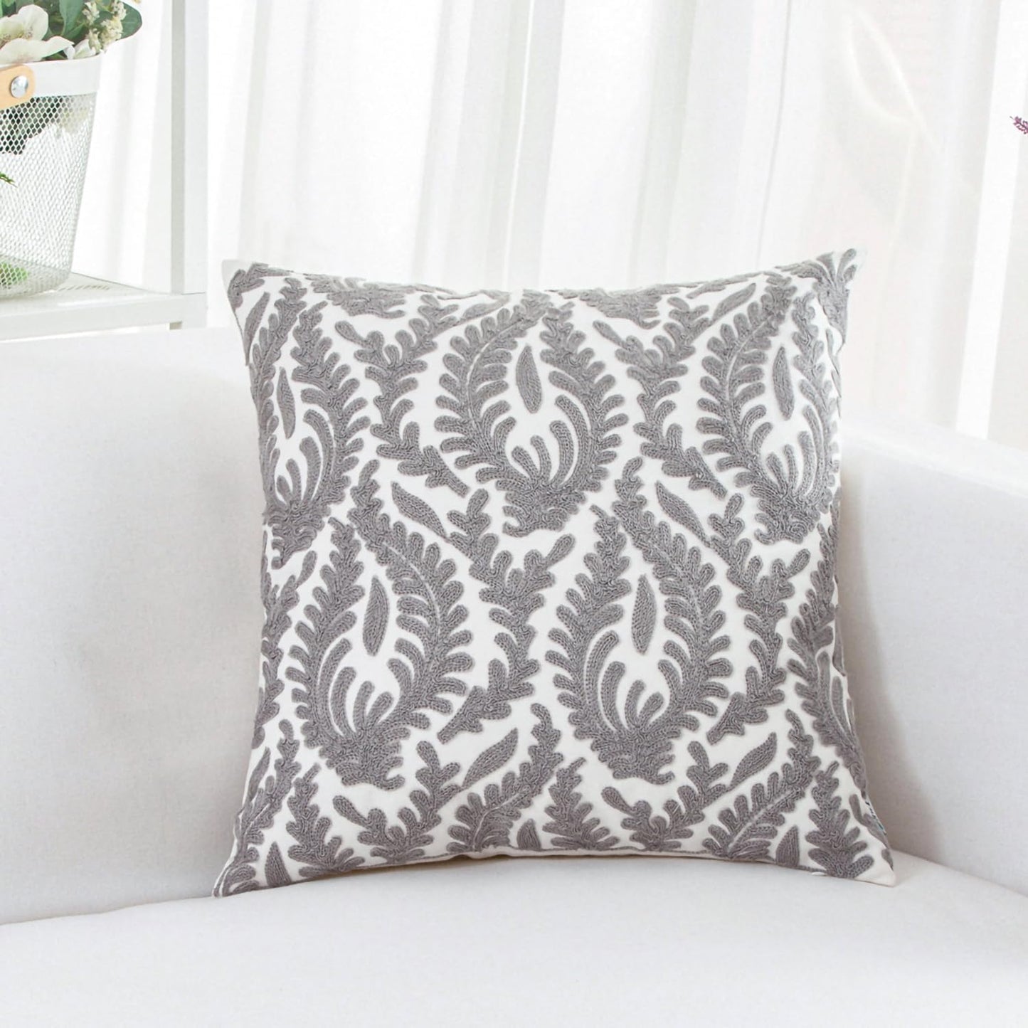 HWY 50 Grey Gray Decorative Throw Pillow Covers 18x18 Inch (1 Piece), Embroidered Cotton Farmhouse Cushion Cover Pillow Case for Sofa Couch Living Room Bed Bedroon, Floral Branches