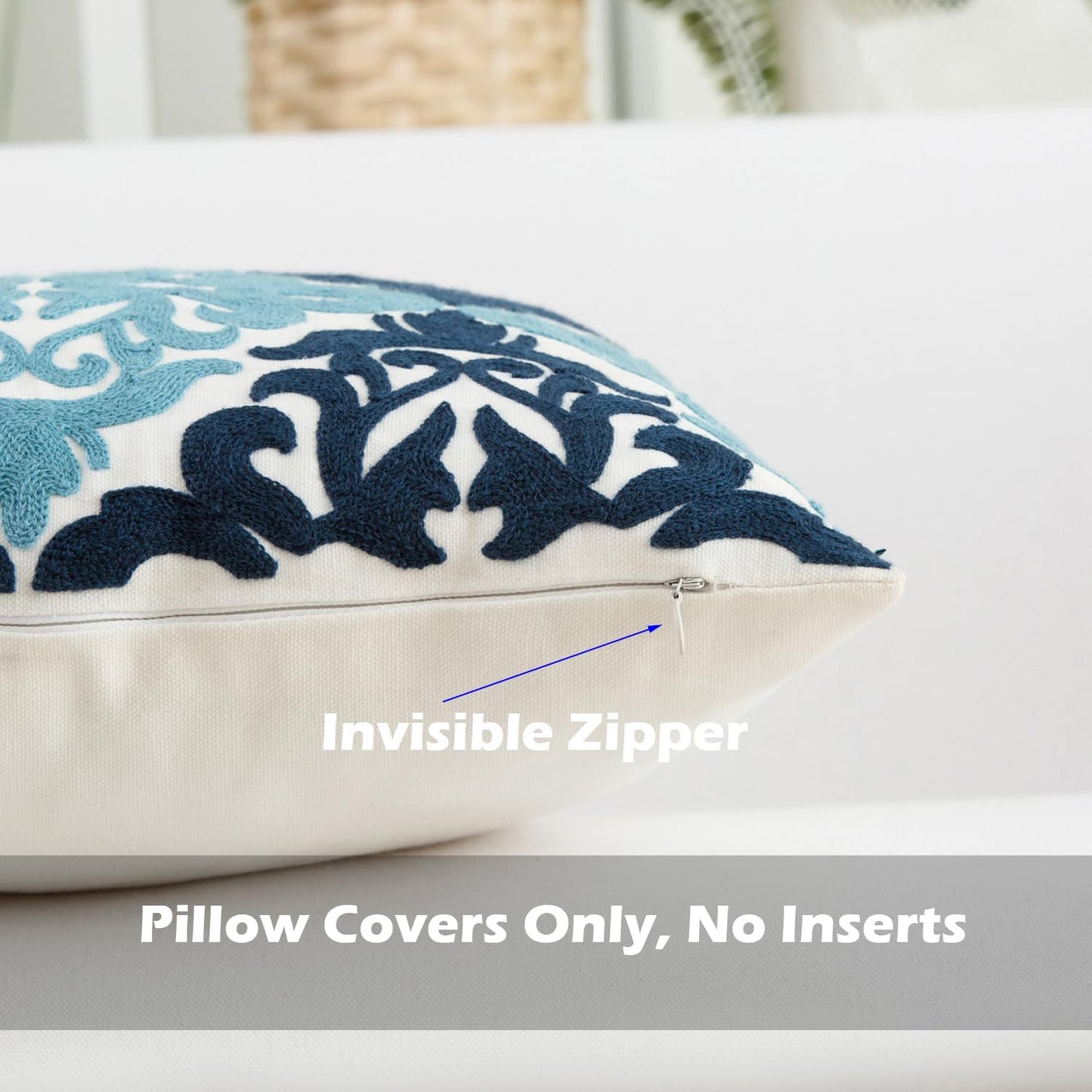 HWY 50 Blue Decorative Throw Pillow Covers 18x18 Inch (1 Piece), Embroidered Cotton Farmhouse Cushion Cover Pillow Case for Sofa Couch Living Room Bed Bedroon, Floral Geometric