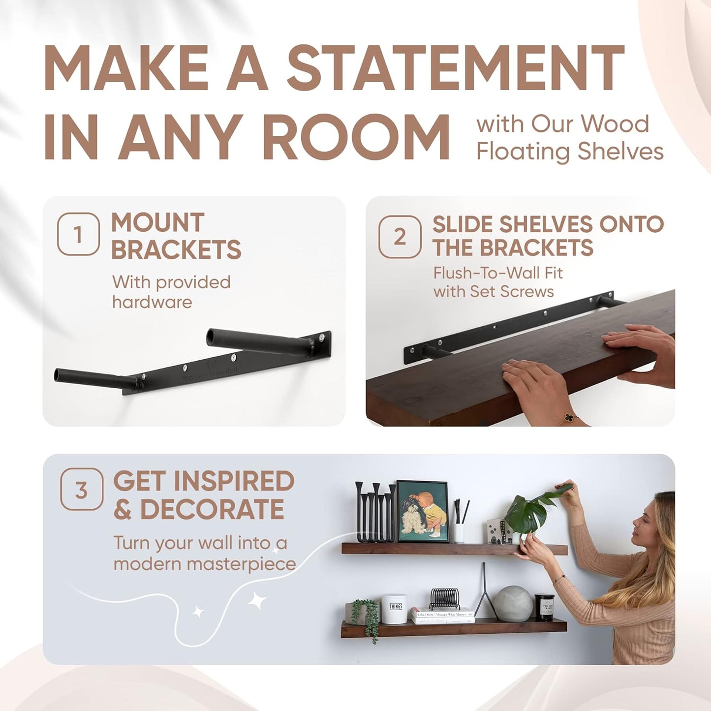 Homeforia Walnut 36 inch Floating Shelf, High End Solid Real Wood 36inch Large Shelves for Bathroom Wall, Dark Brown 36 inches Long Floating Shelves, Heavy Duty Bracket, 36 X 6.5 X 1.75 inch, Set of 2