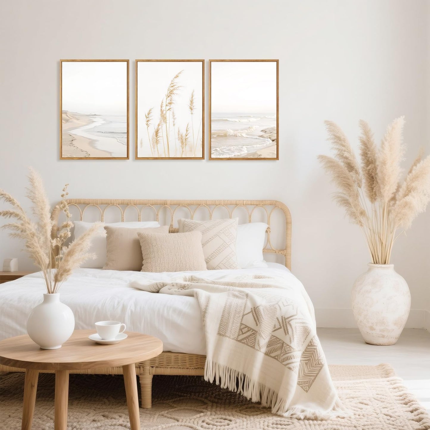 HPNIUB Modern Beach Artwork Seascape Wall Art, Seaside Framed Painting Reed Pathway Picture, Minimalist Neutral Coastal Landscape Wall Decor for Living Room,Bathroom -24'' x36'' x3