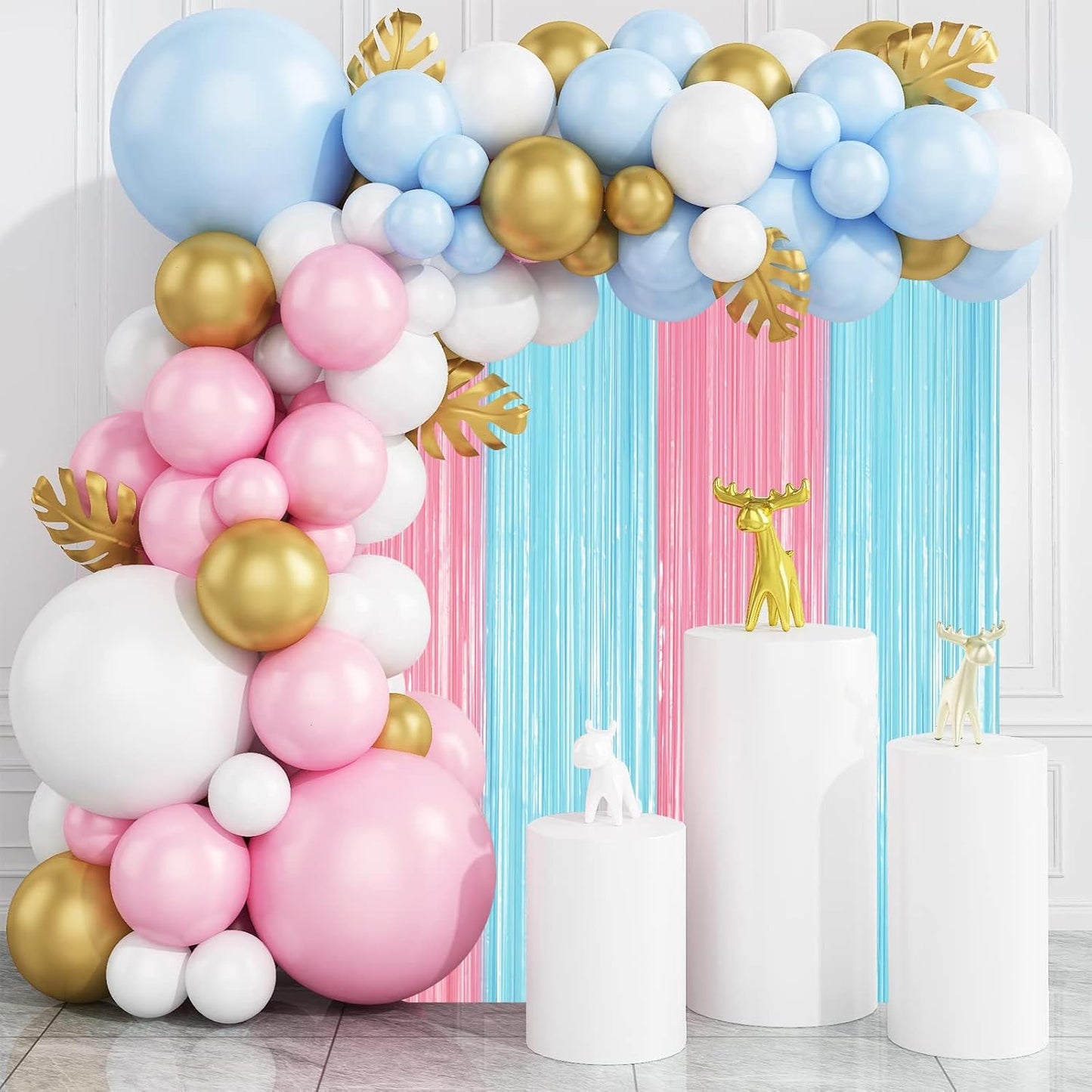 3 Pack 3.3 x 8.2 ft Pastel Blue and Pink Foil Fringe Backdrop Curtains, Tinsel Streamers Party Decorations, Fringe Backdrop for Grender Reveal, Baby Shower, Birthday Party