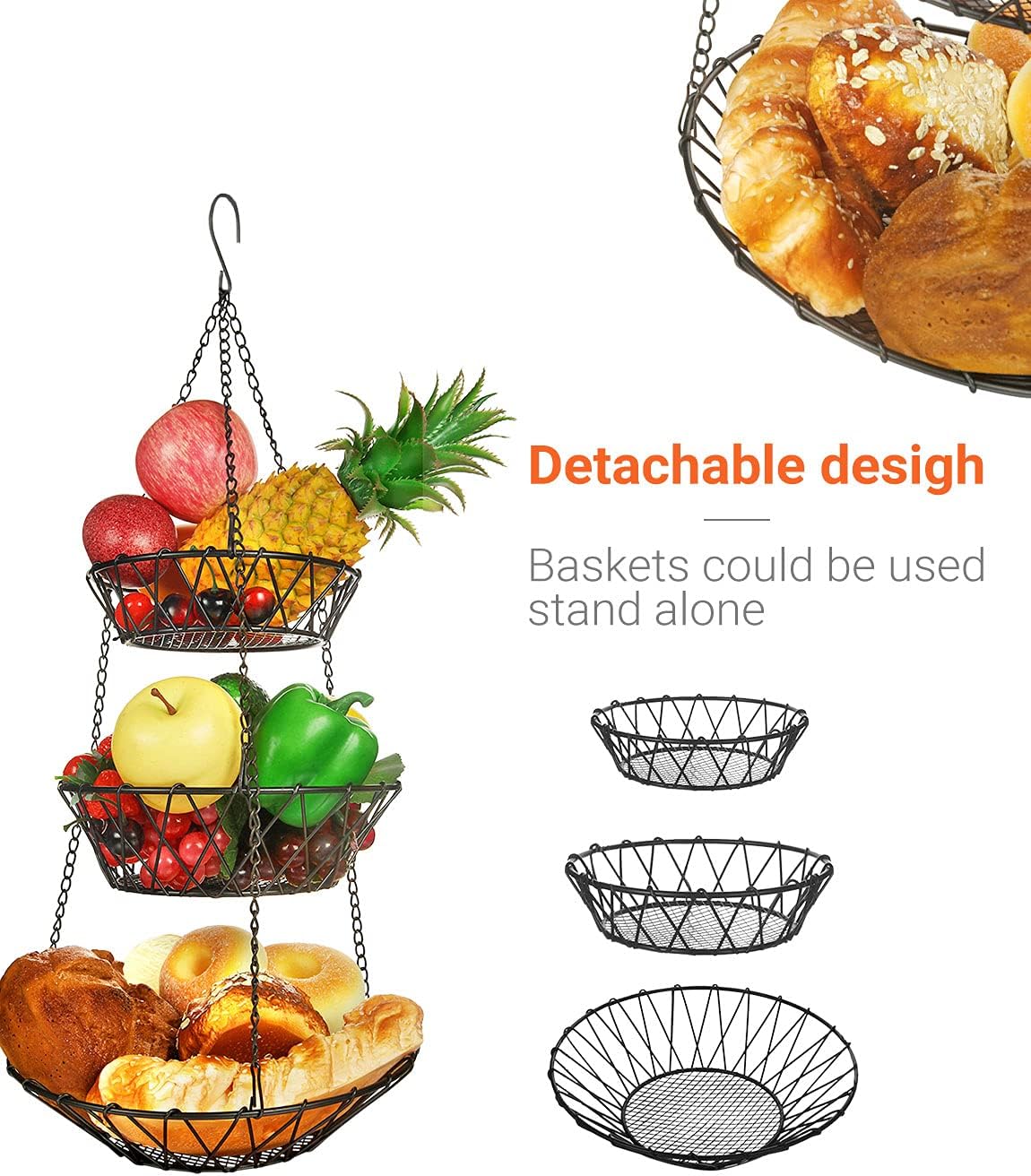 3 Tier Hanging Basket with Sturdy Metal Chain Hanging Hooks Fruit and Vegetable Basket Heavy Duty Wire Organizer Space Saving Rustic Country Style Kitchen Storage