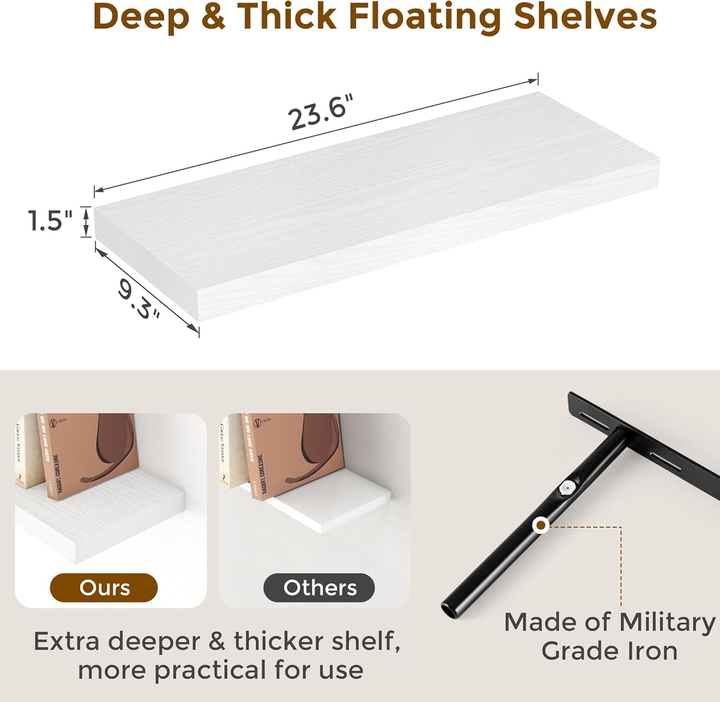 24 Inch Floating Shelves, Rustic 24 x 9 White Floating Shelf for Wall, White Bathroom Shelves Set of 2, Farmhouse Wood Wall Shelf for Bedroom, Kitchen, 9 Inch Deep Shelves for Home Storage