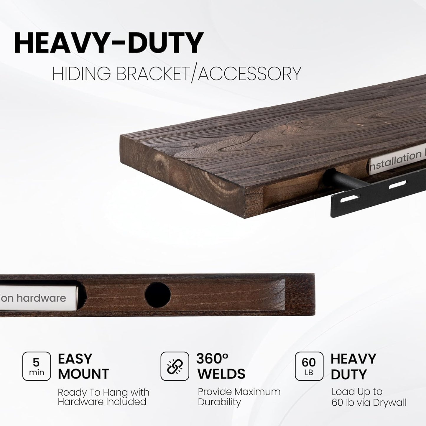 55 Inch Floating Shelves for Wall, Elm Wood Floating Shelves for Home Décor, Wall-Mounted Display Shelves with Heavy-Duty Bracket, Live Edge Long Floating Shelf for Kitchen, Living Room, Walnut