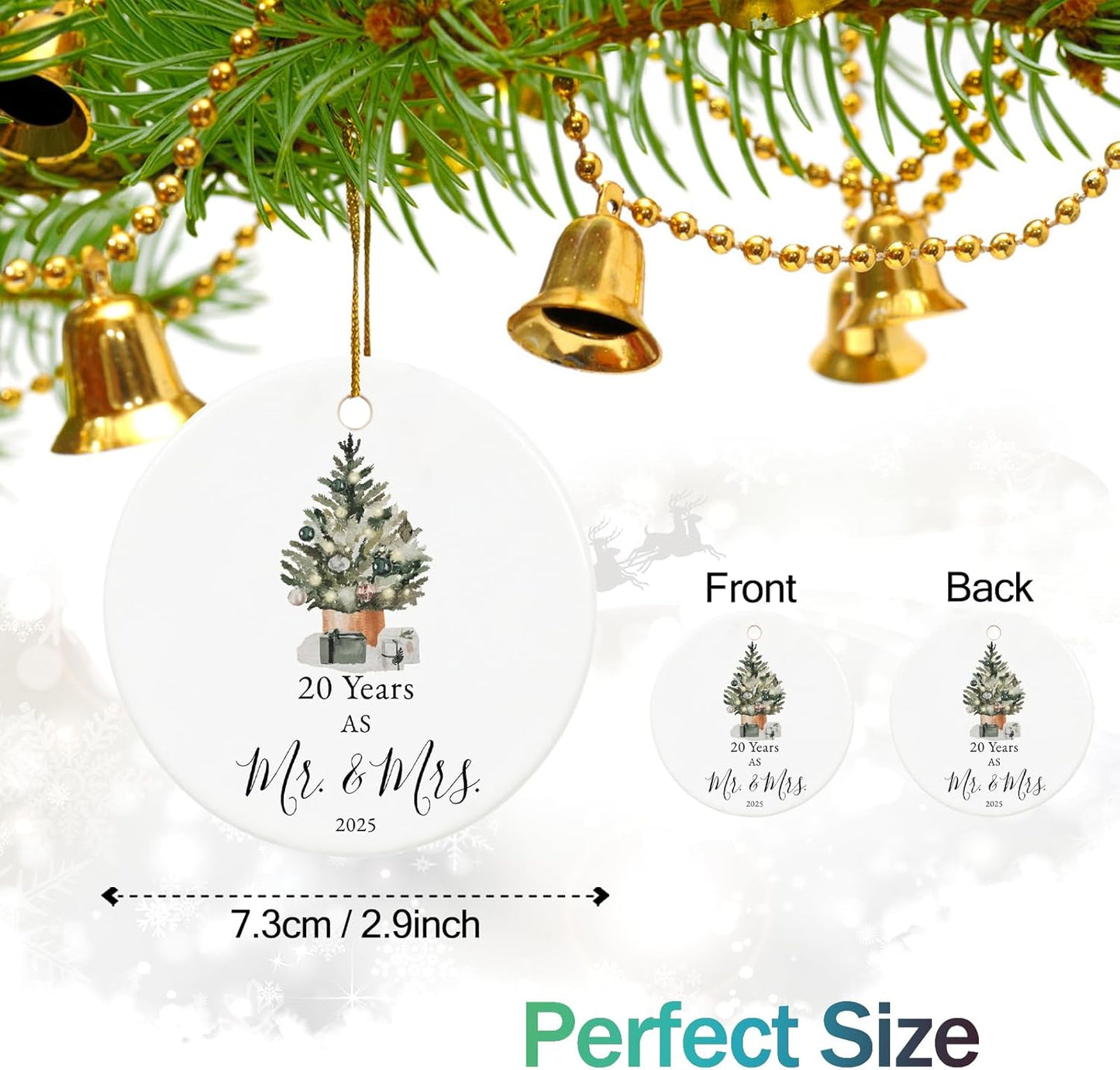 20th Anniversary Ornament Gifts for Couple, 20th Wedding Anniversary for 20 Year as Mr and Mrs Gifts, Ceramic Keepsake 20 Year Anniversary Christmas Ornaments with Ribbon and Box