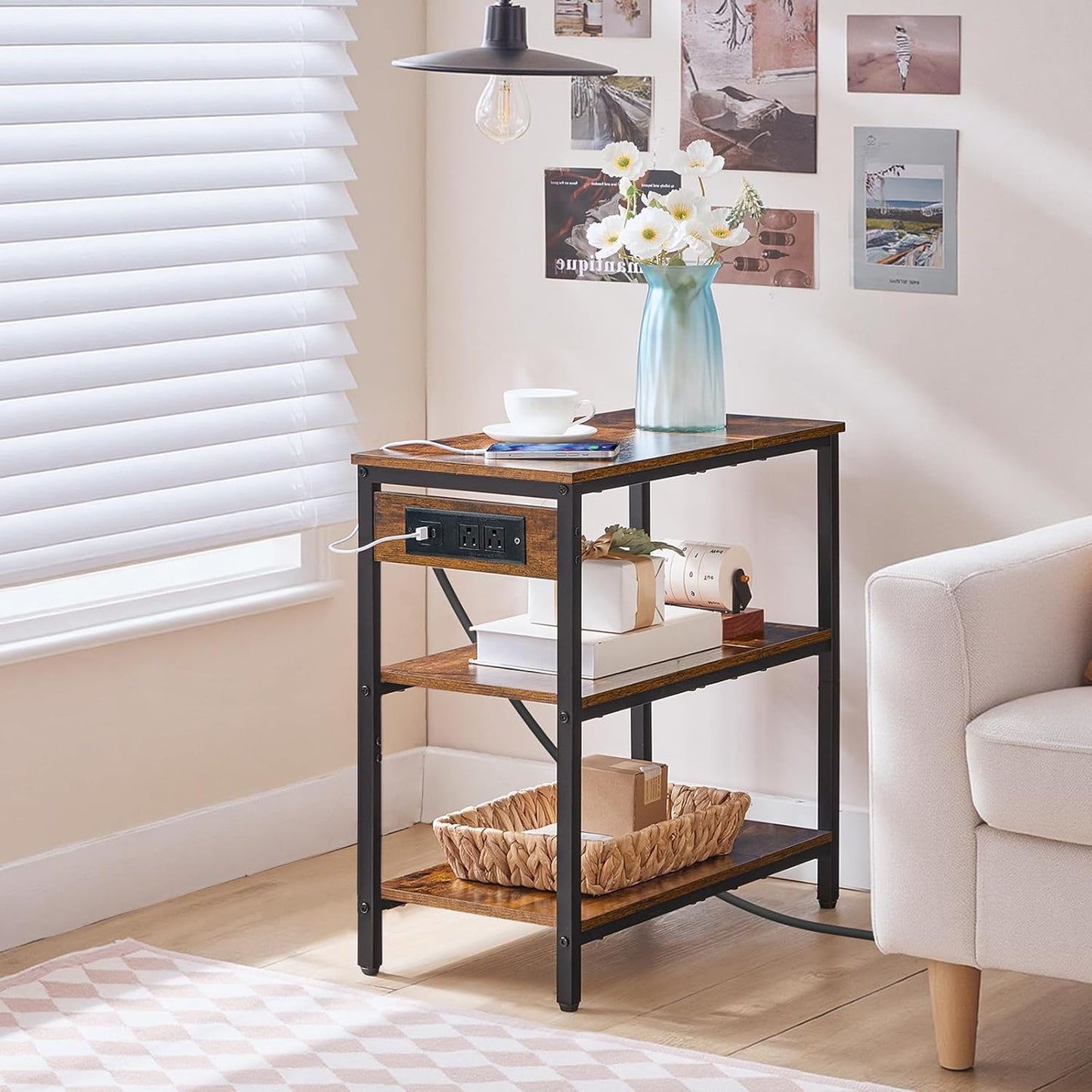 HOOBRO End Table with Charging Station, Simple Rustic Side Table with 3-Tier Storage Shelf, Narrow Nightstand for Small Spaces, for Living Room, Industrial Design, Rustic Brown and Black BF149UBZ01