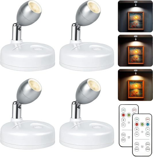 4 Pack Wireless Spot Lights Indoor, Battery Operated Uplighting, Mini Spotlight with Remote 3CCT Tree Lights Indoor, Accent Wall Lights for Display Plant Picture Dartboard