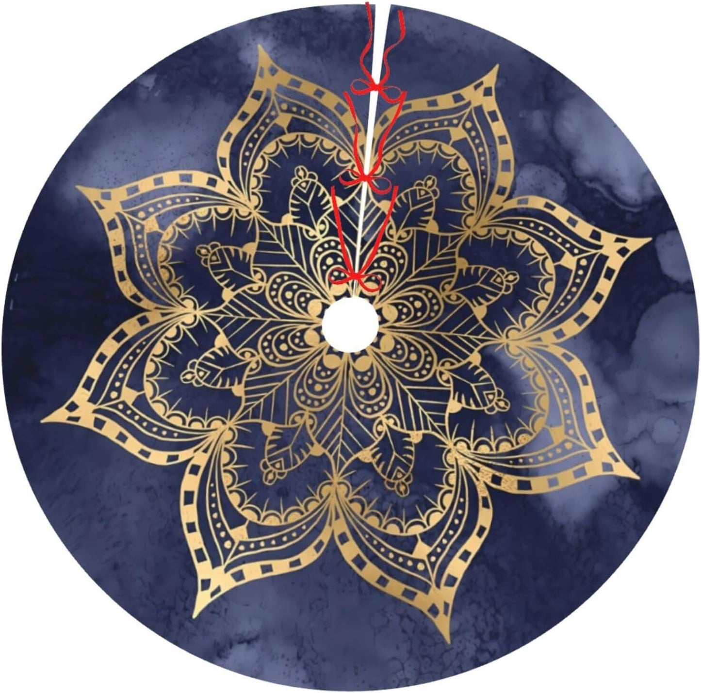 36" Large Christmas Tree Skirt, Boho Mandala Gold Navy Blue Ink Texture Round Cushion Pattern Tree Mat Base Cover for Xmas Festive Holiday Party Decoration Ornaments