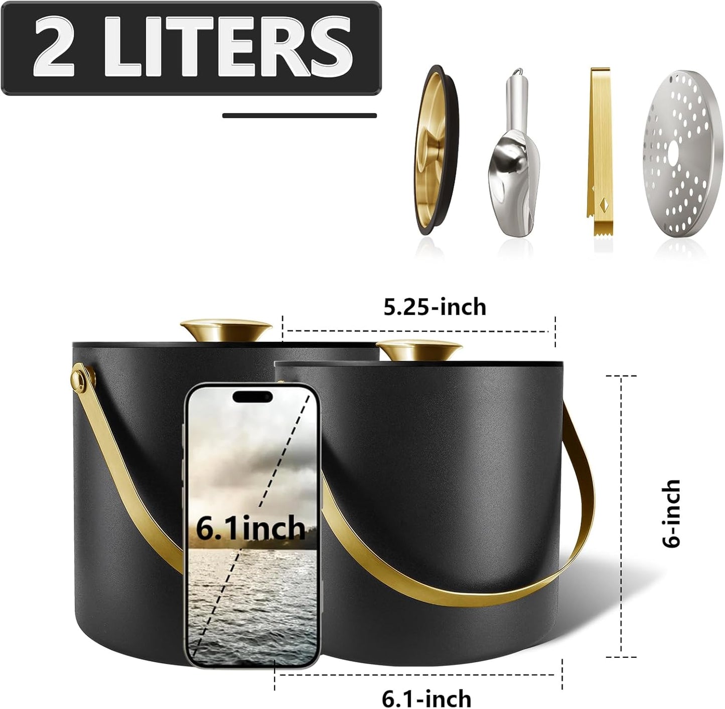 2L Ice Bucket with Silicone Lid, Scoop, Gold Tongs & Strainer, Stainless Steel Double Wall Insulated Ice Buckets for Parties & Cocktail Bar Outdoor Champagne Ice Container Bin, Black