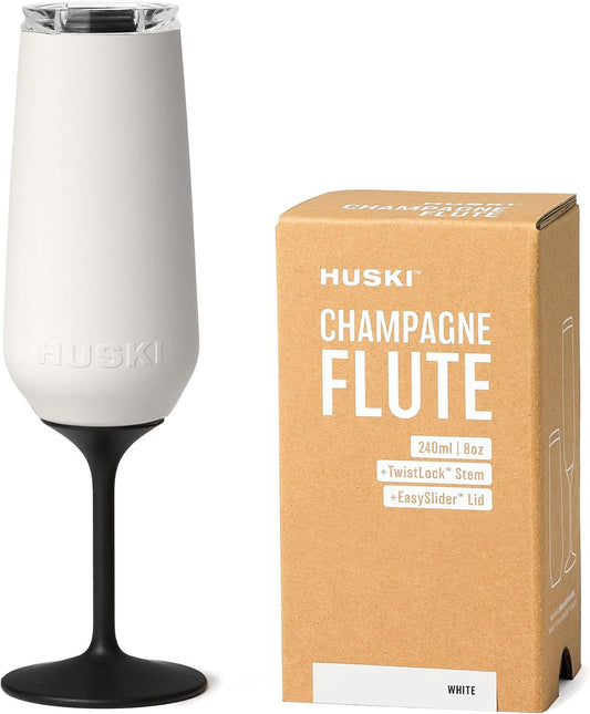 Huski Champagne Flute | NEW | Award-winning Design with Detachable Stem | Premium Stainless Steel Champagne Glass with Lid | Triple Insulated Tumbler | 8oz Capacity | Great Gift (White)