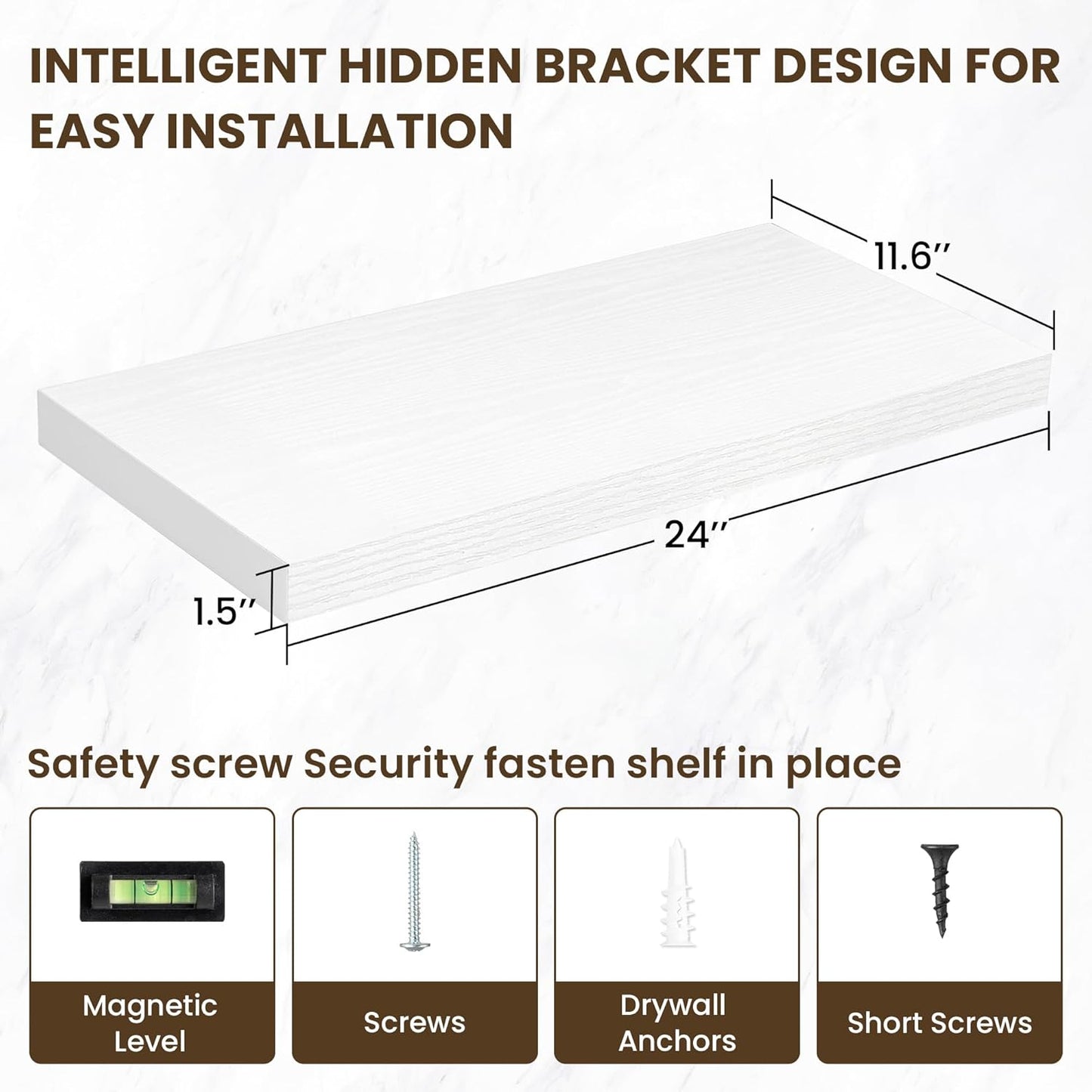 24 Inch Floating Shelves, 11.6 Inch Deep Floating Shelves for Wall, Floating Shelf with Invisible Brackets, Deep Shelves for Bathroom, Bedroom, Living Room, 2 Pack, White