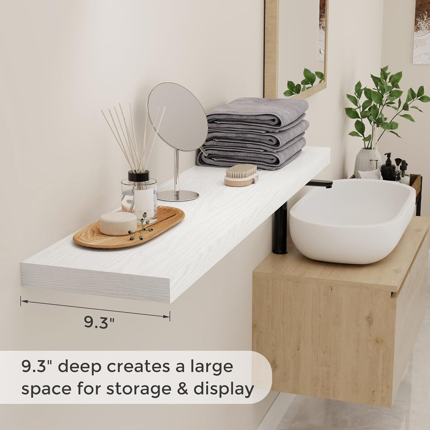 48 Inch Floating Shelves White, Rustic Wood Floating Shelf Wall Mounted, 9 Inch Deep Floating Shelf for Kitchen, Bedroom, 48 x 9 Wall Shelves for Home Storage, Set of 1