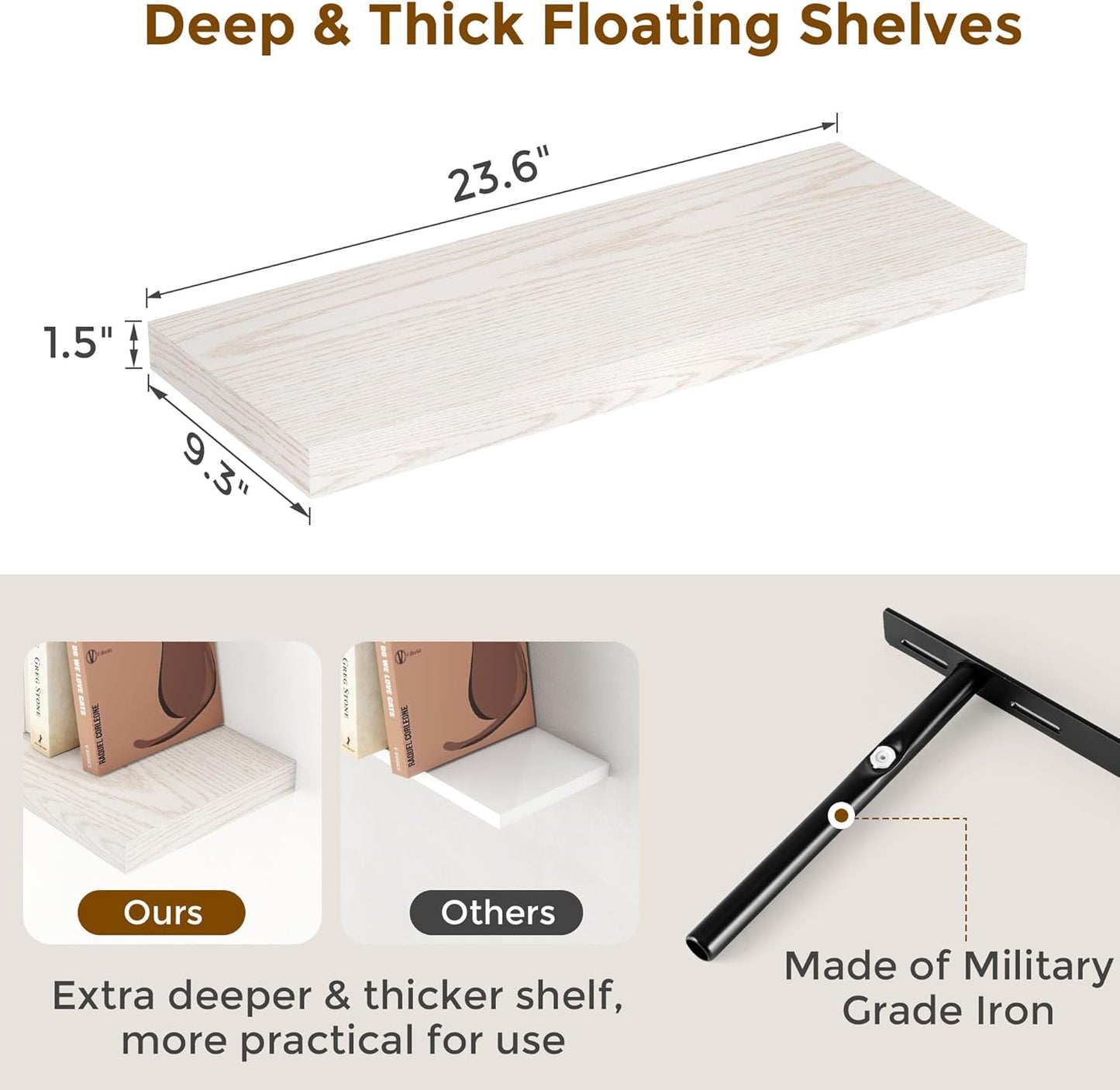 24 x 9 Floating Shelves, 9 Inch Deep Floating Shelf Wall Mounted, 24 Inch Bathroom Shelves Set of 2, Rustic Wood Wall Shelf for Bedroom, Living Room, Brich Color