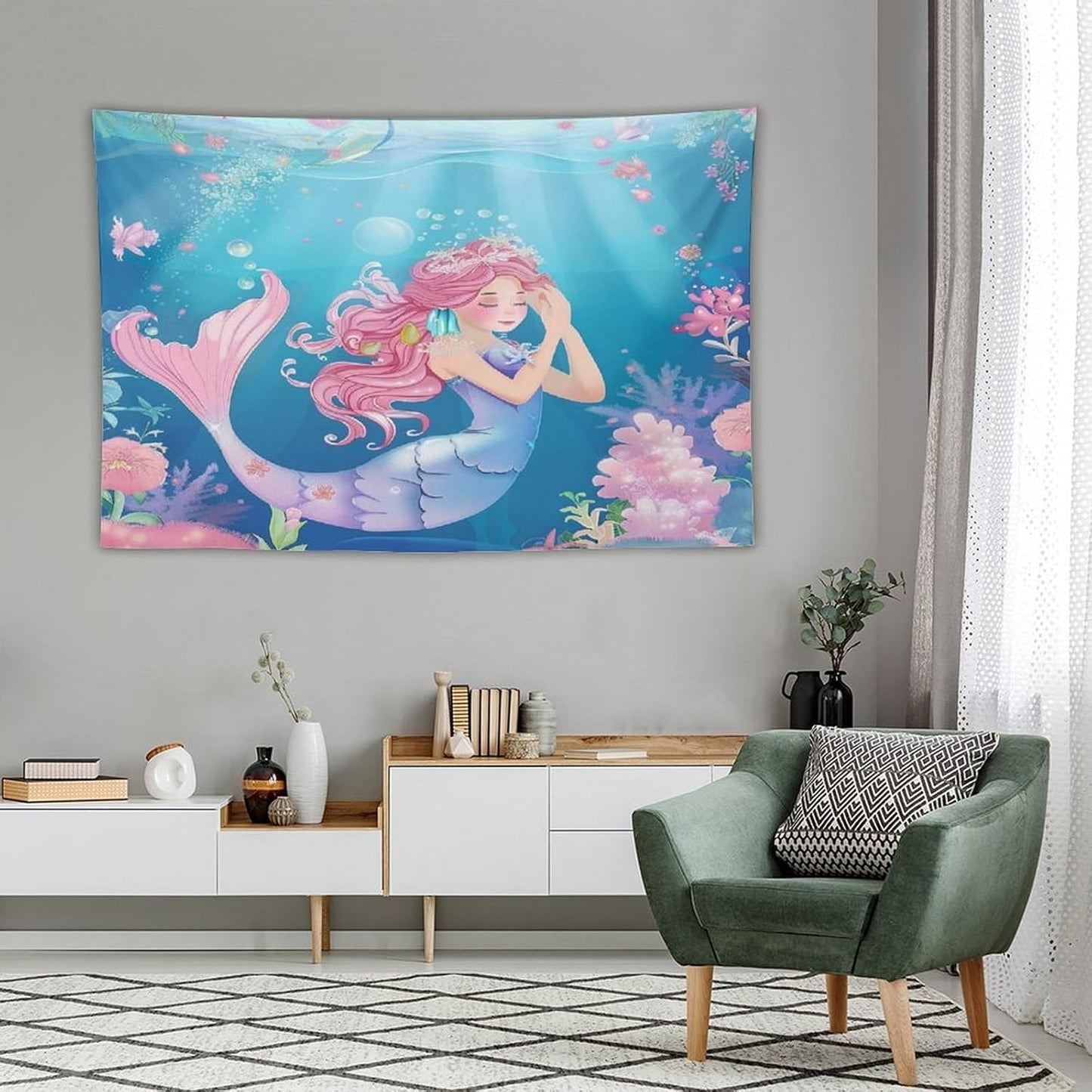 HZOHNAGO Mermaid Girls Tapestry Watercolor Flowers Mermaid Princess Blessing Pattern for Kids Room Decoration Printed Wall Tapestry Wall Hanging for Bedroom Living Room Dorm 90" W x 60" H